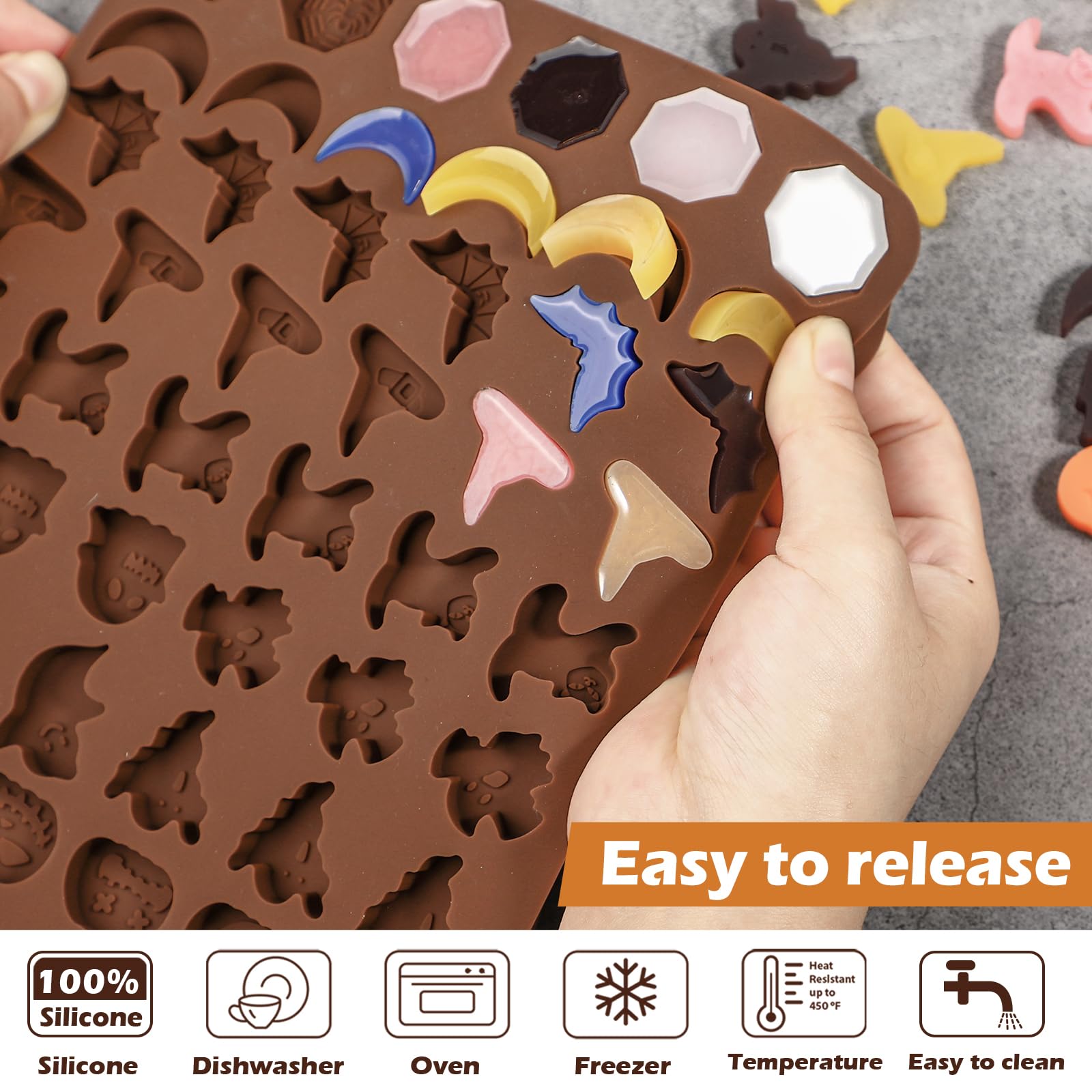 Kamehame Halloween Candy Gummy Mold, 2 Pieces 60 Cavity Mini Pumpkin Ghost Vampire Cat Hat Bat Moon Spider Web Silicone Molds Fo