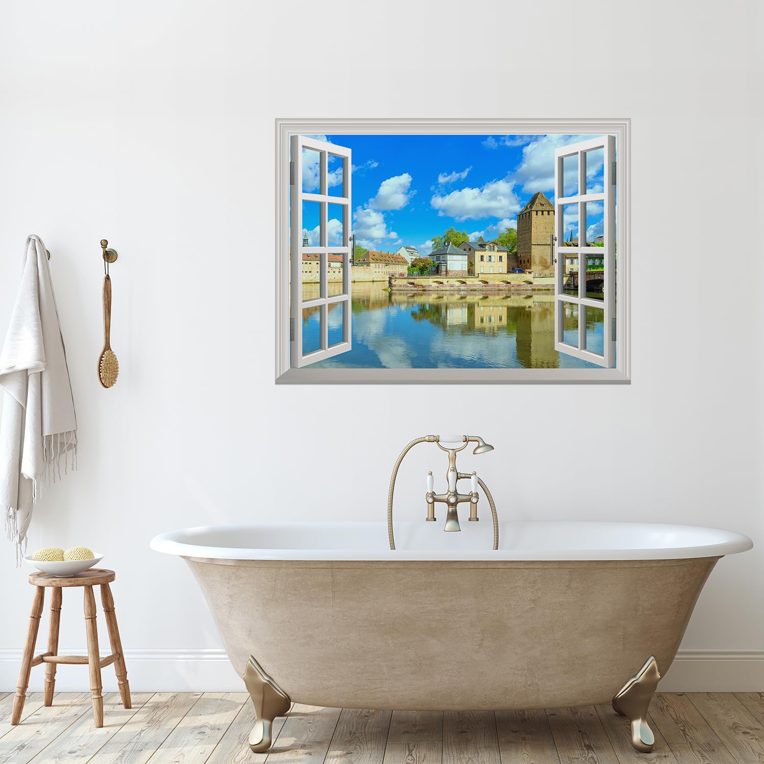 wall26 Removable Wall Sticker/Wall Mural - Peaceful River in a Quiet Town | Creative Window View Wall Decor - 24 Inchx32 Inch