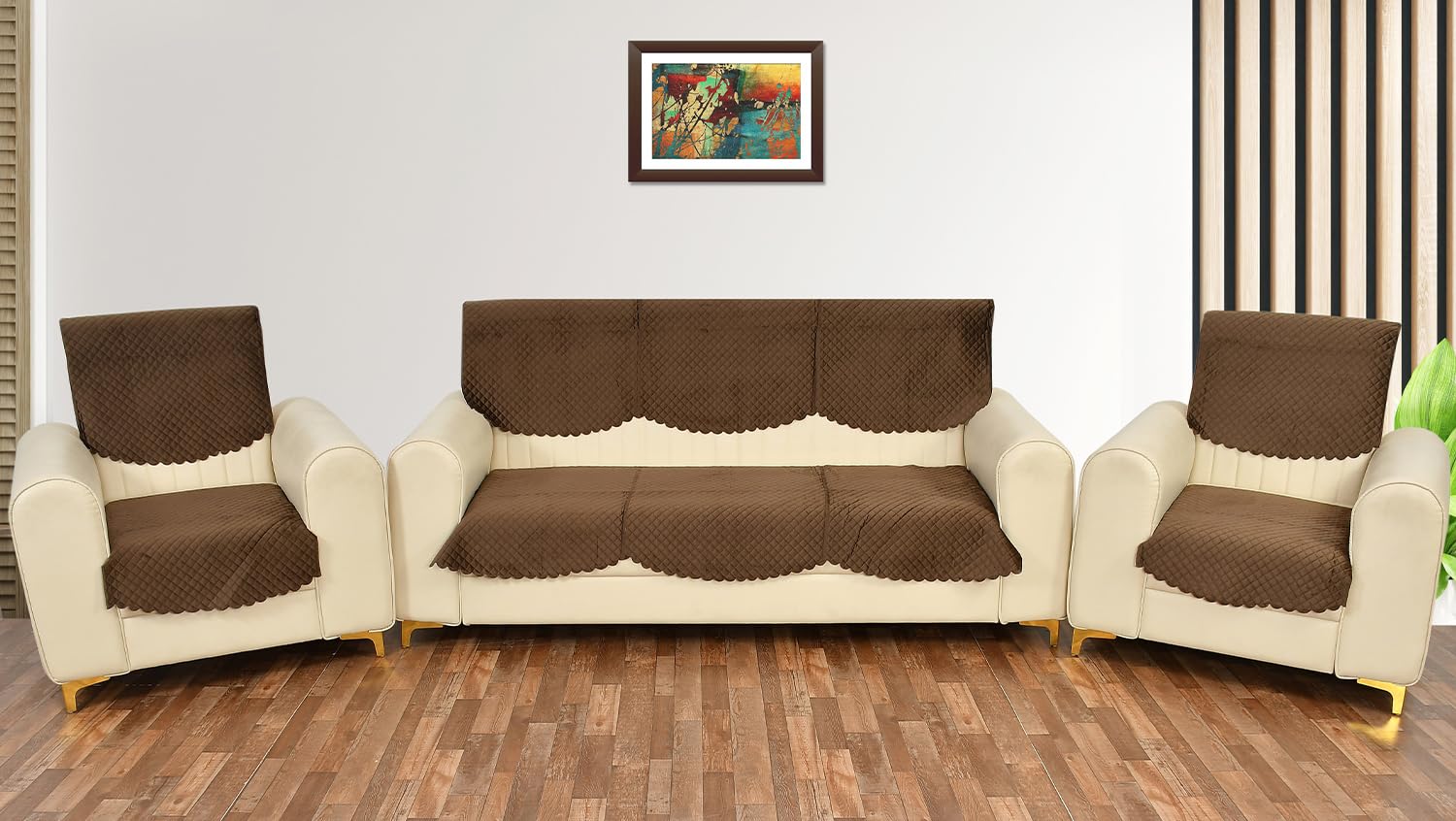Yellow Weaves Velvet 5 Seater Self Design Quilted Sofa Cover And Chair Cover, Seat & Back Cover, Color - Dark Brown