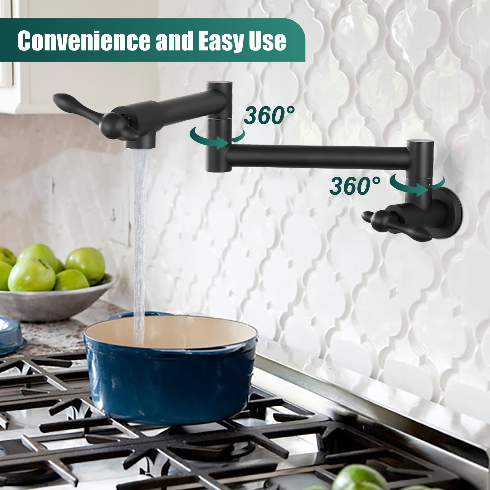 Heyalan Stainless Steel SUS304 Matte Black 19'' Pot Filler Faucet Double Joint Spout Stretchable Swing Arm with Single Hole Two Handles Wall Mounted Commercial Kitchen Faucet