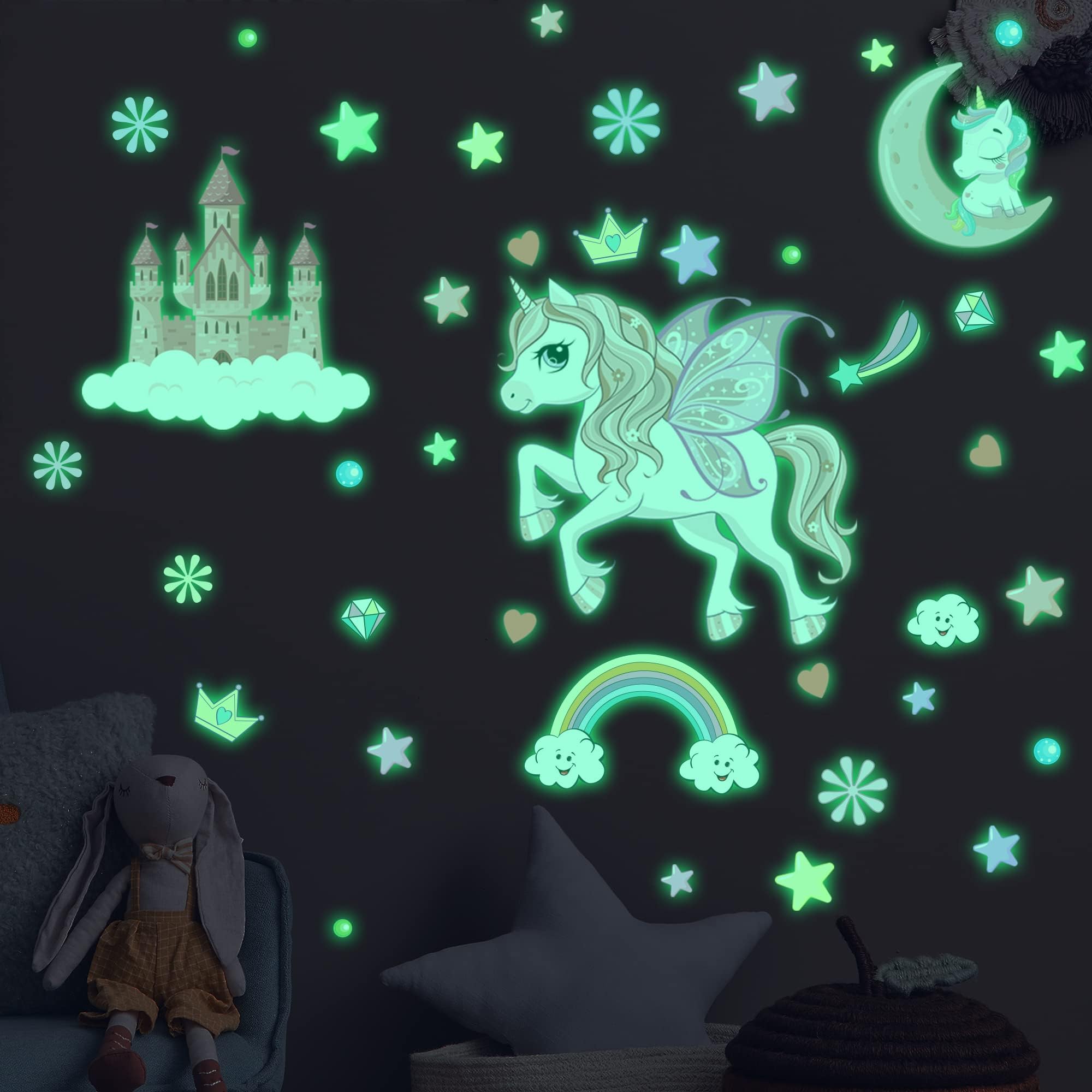Glow in The Dark Stars Unicorn Wall Decals  Castle Moon Rainbow Stickers for Ceiling  DIY Unicorn Wall Decor for Nursery Girls Playroom  Kids Christmas Birthday Party Decoration