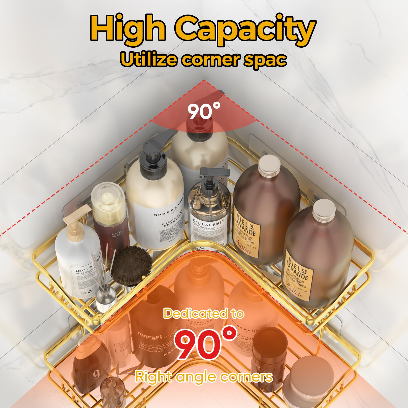 Bathroom Stars Gold Corner Adhesive Shower Caddy,Rustproof Stainless Steel Corner Shower Shelves For Bathroom Kitchen, No Drilli