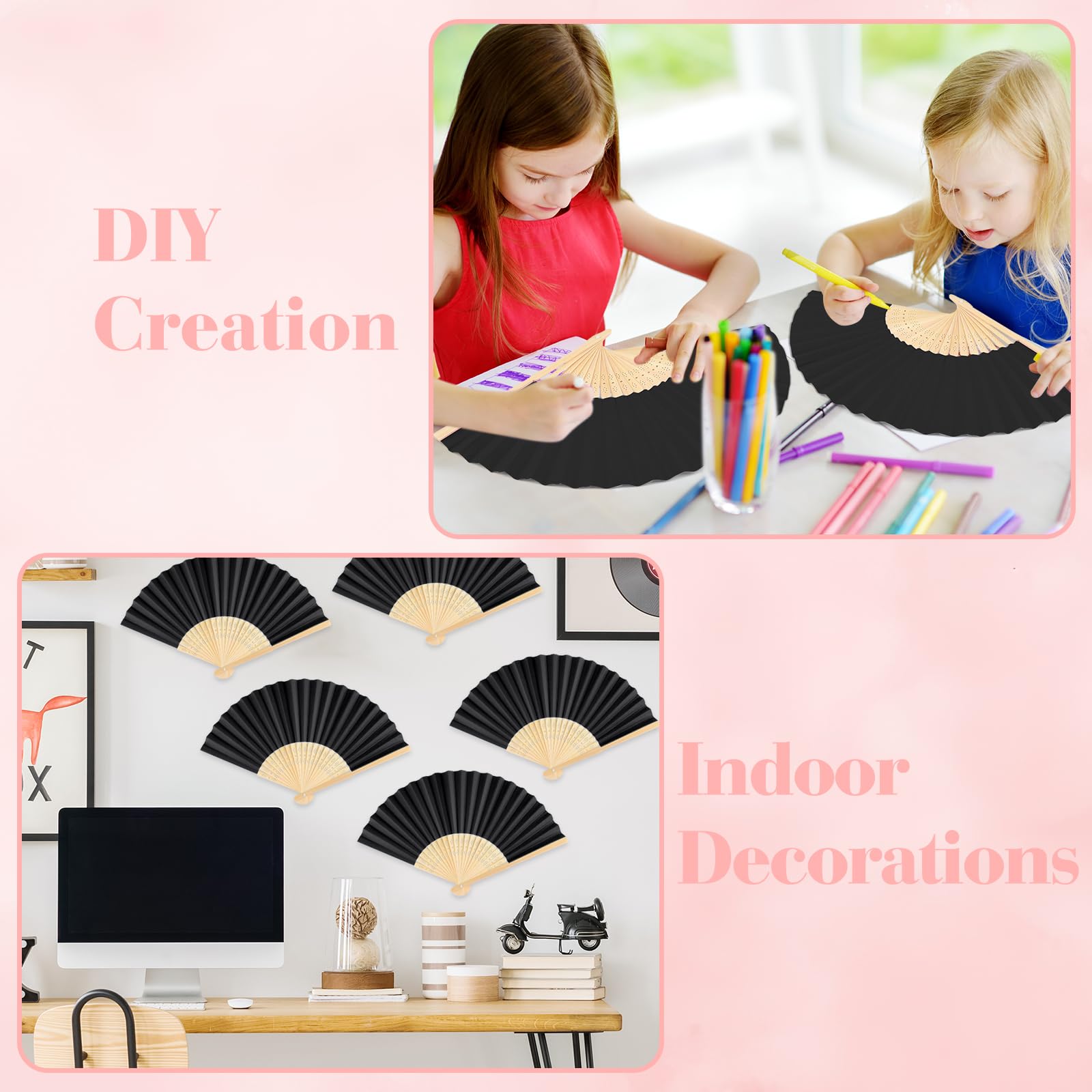 BOUBONI 48 Pieces Black Hand Held Bamboo Folding Fans Paper Fans Handheld for Women Foldable Girls Wedding Decoration Church Hom