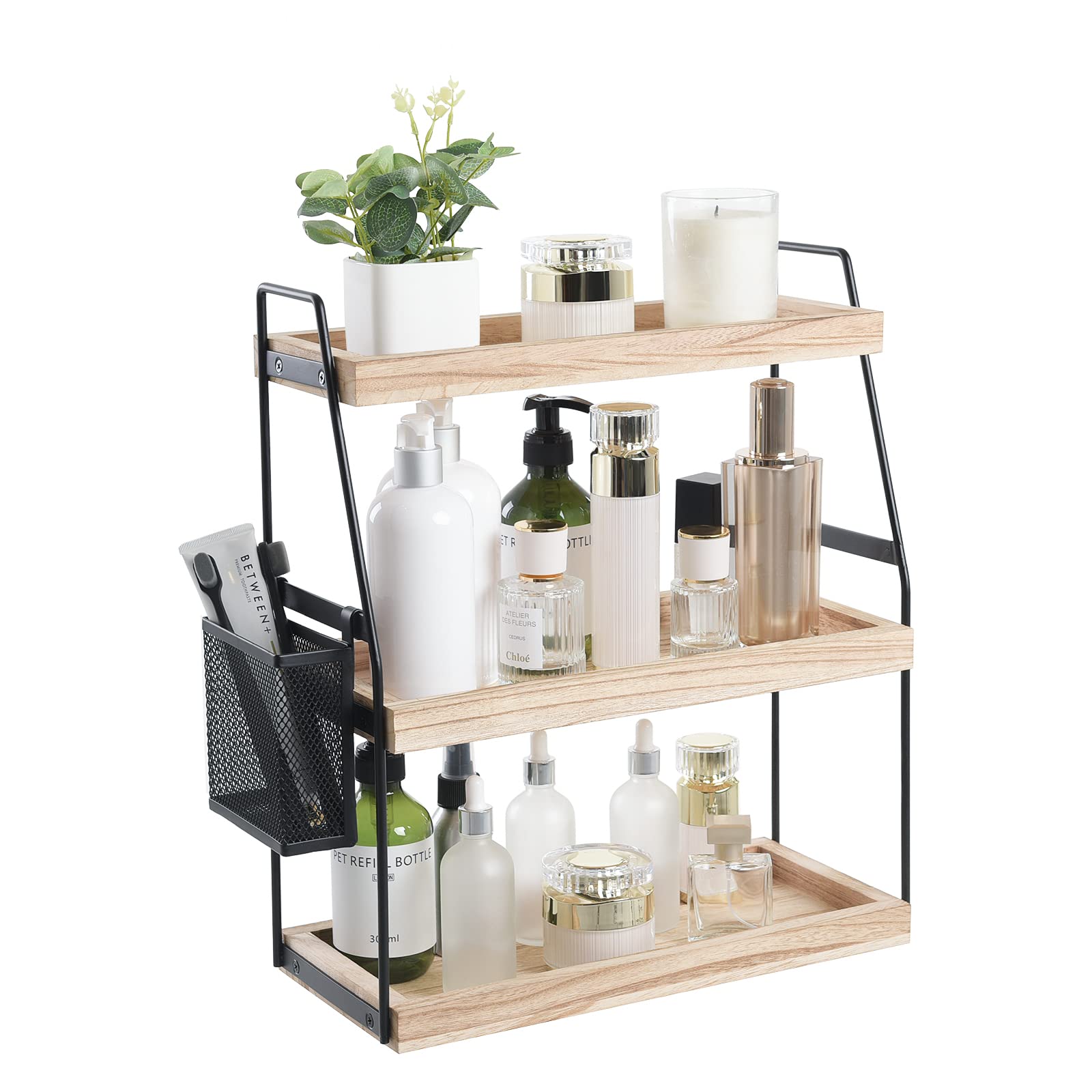 Bathroom Counter Organizer, 3-Tier Standing Storage Shelf with Basket, Wood Tray for Skincare Vanity Organizer