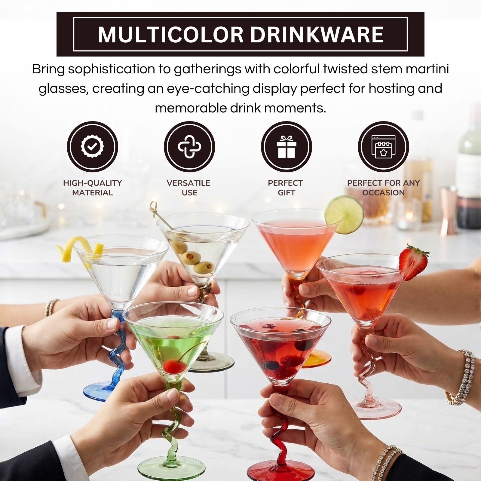 Spiral Stem Martini Glasses Set of 6, 9.2oz 7.05" Multicolor Twisted Base Glass