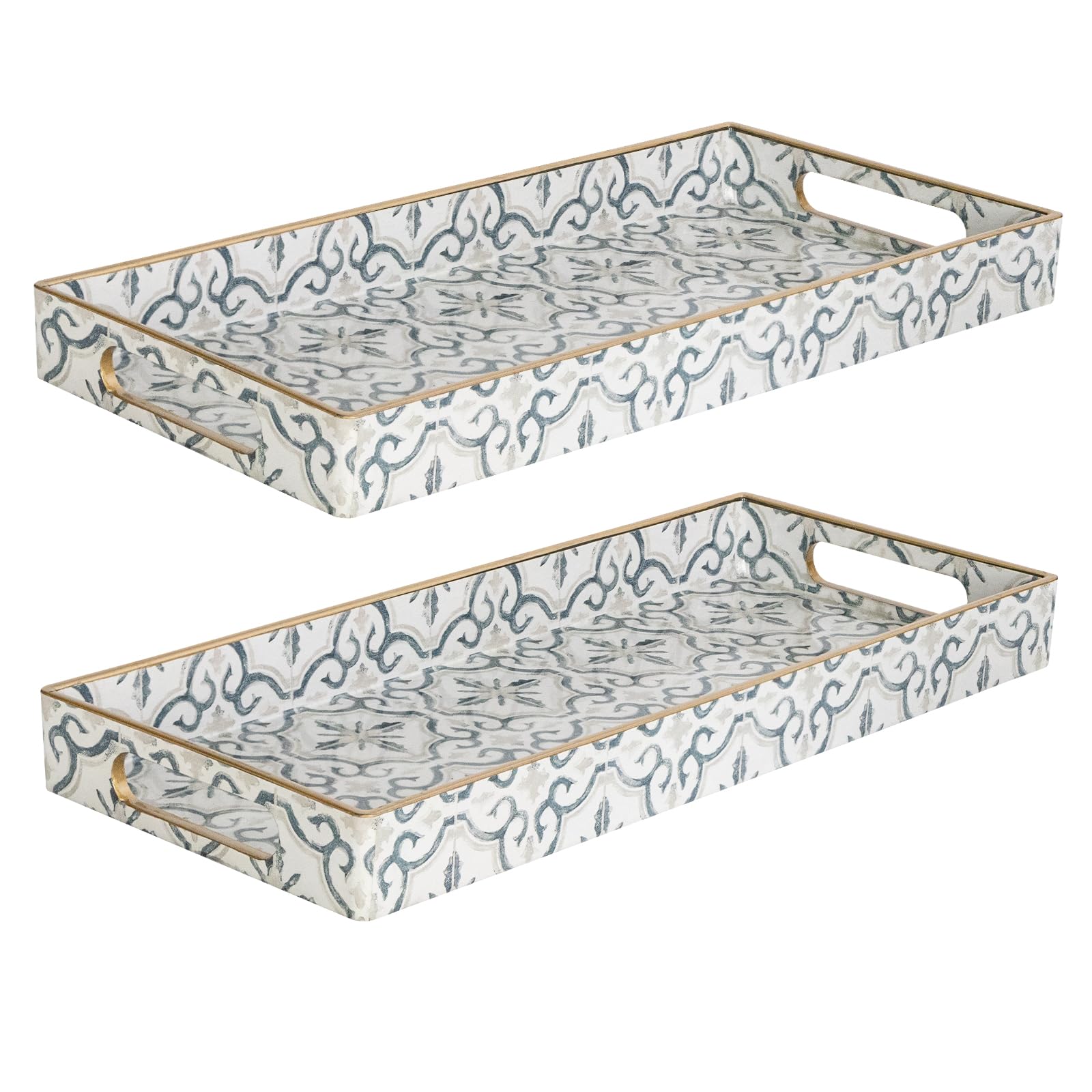 Maoname White Vanity Tray Set Of 2, Plastic Decorative Tray With Handles, Moroccan Bathroom Tray For Toilet Tank, Counter, 13.8'