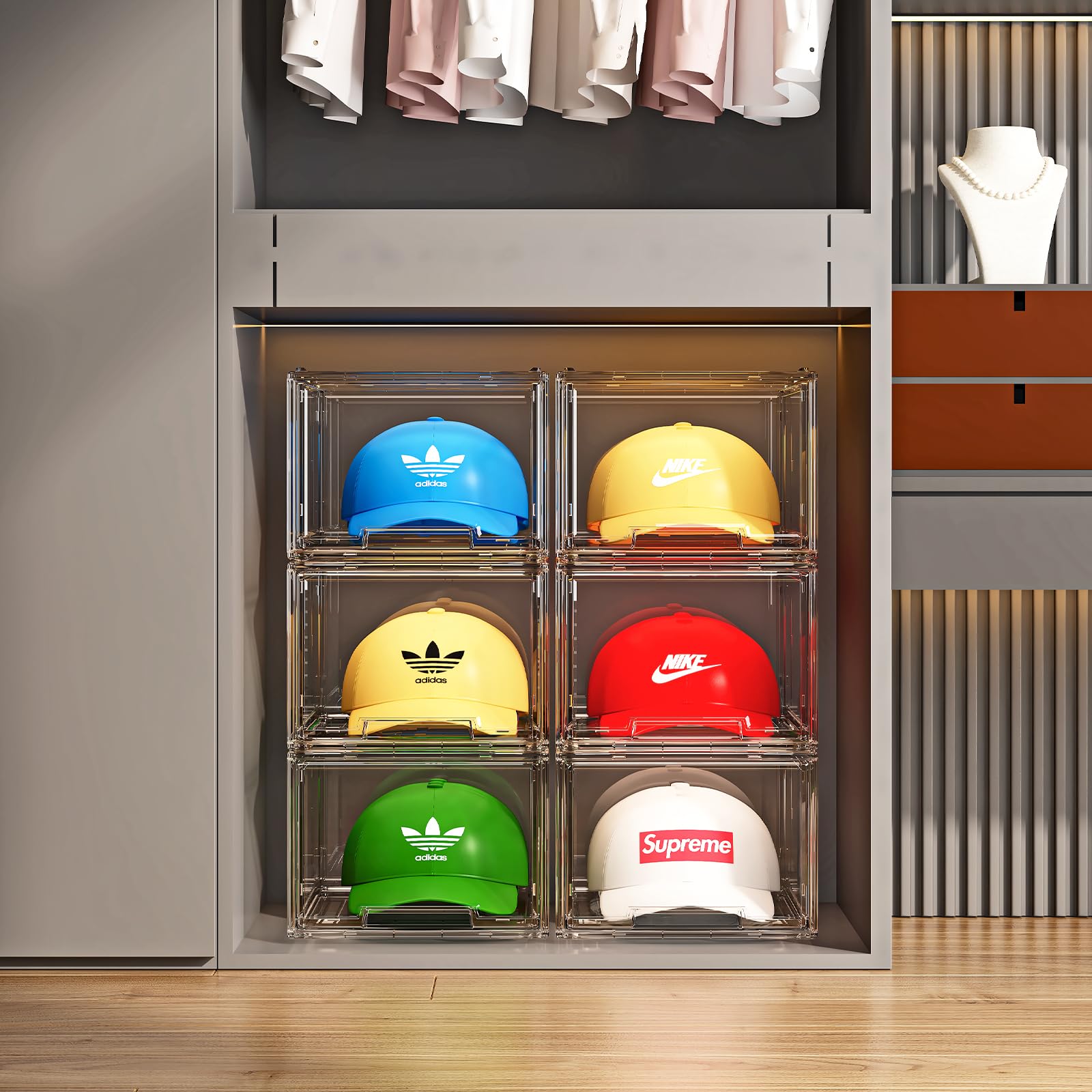 3 Pack Hat Organizer Box For Baseball Caps, Stackable Storage Drawers For Baseball Hat Storage Organizer, Clear Storage Drawer F