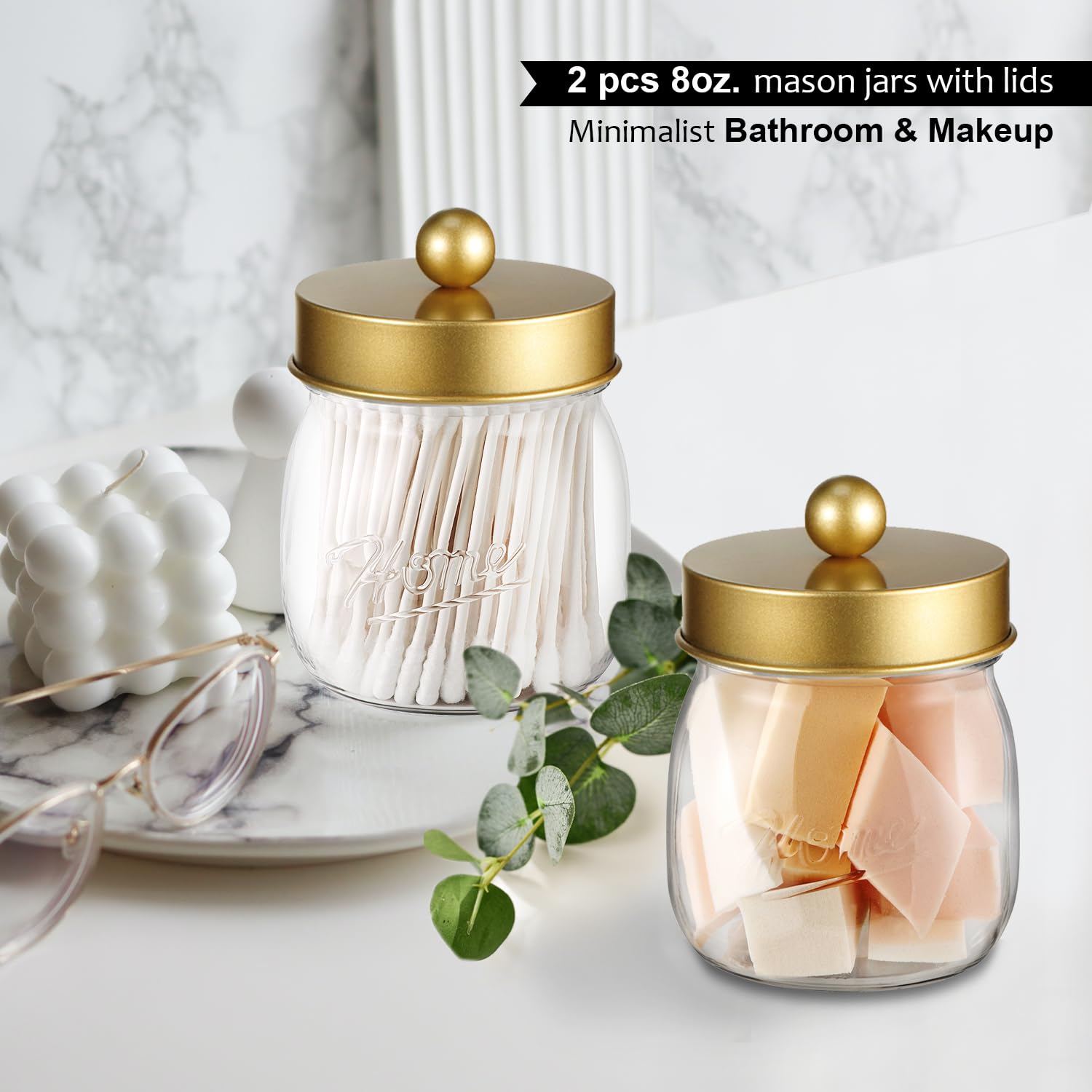 Farmhouse Decor Apothecary Jar Set,Mason Jar Bathroom Vanity Storage Organizer Canister - Qtip Holder Plastic Acrylic Jar For Co