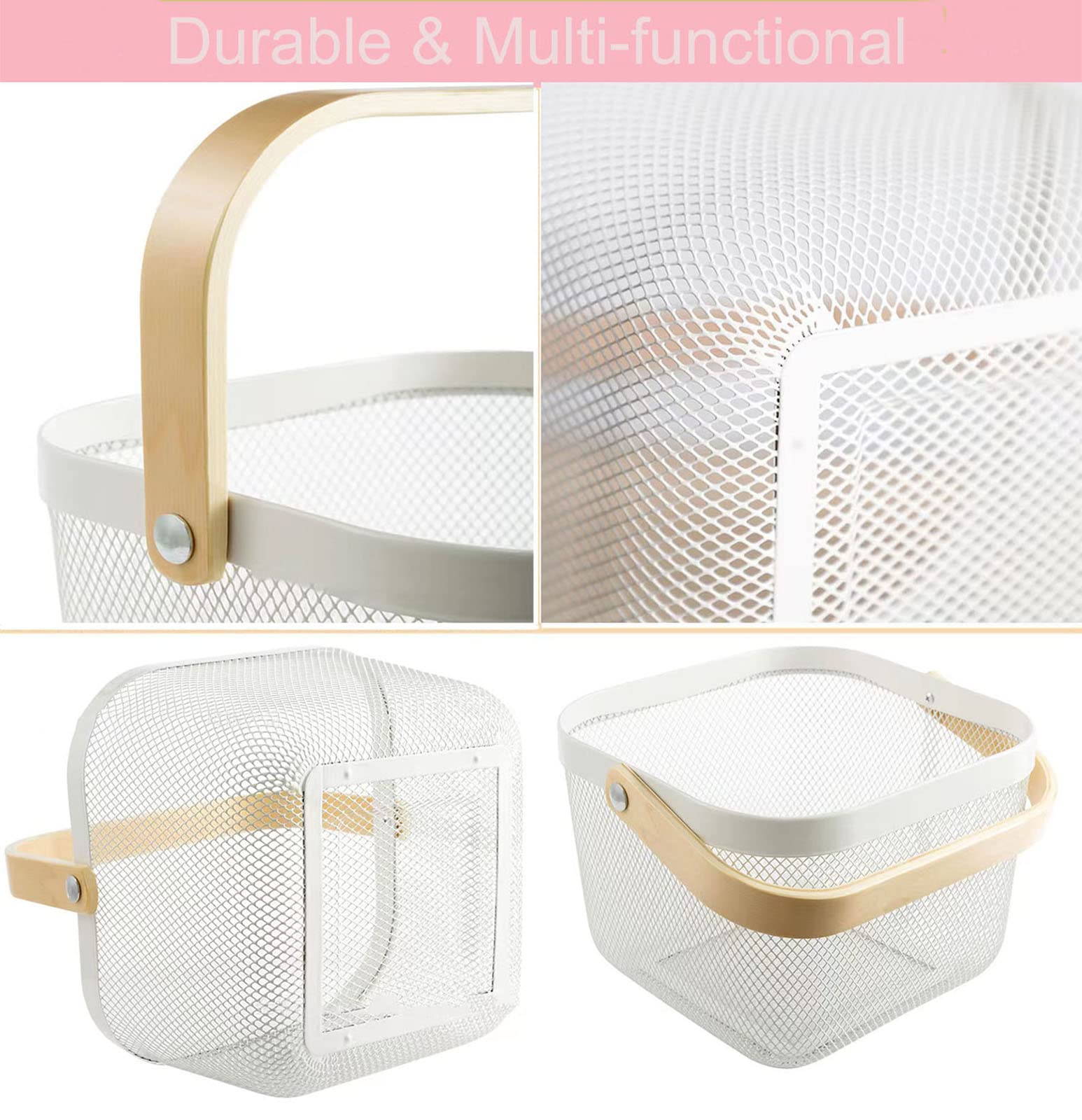 Ajioda Metal Mesh Steel Basket, Storage Organizer Basket Multi-Functional Hanging Kitchen Baskets Fruit Basket Bin With Bamboo H
