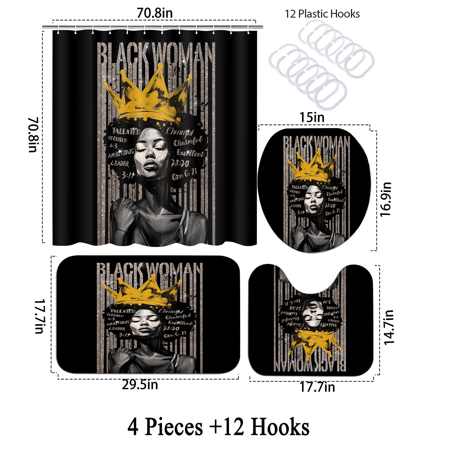 4Pcs Praying Black Queen Shower Curtain Set, Inspirational Quote Afrcian American Woman Shower Curtains With Rugs Toilet Lid Cov