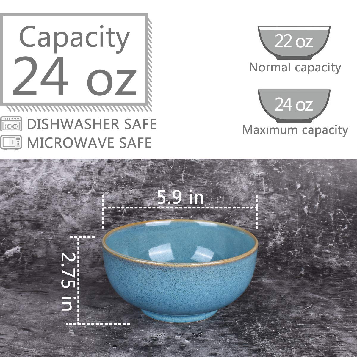 Bosmarlin Ceramic Soup Bowl Set Of 4, 24 Oz, Cereal Bowl For Oatmeal, Dishwasher And Microwave Safe (5.75 Inches, Lake Blue)