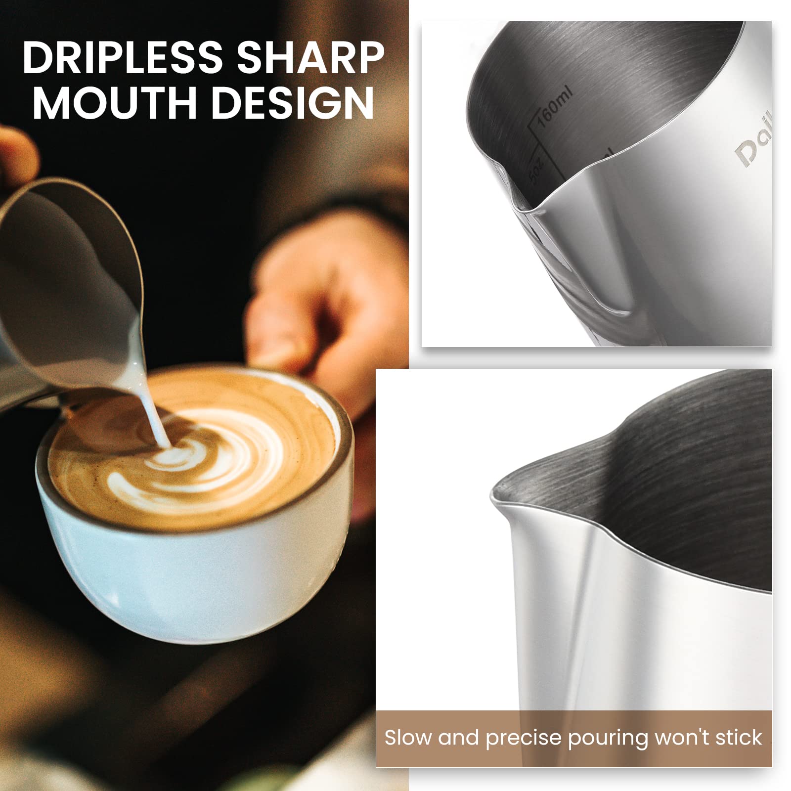 Milk Frothing Pitcher, Dailyart 6.8Oz/200Ml Milk Frother Cup 304 Stainless Steel Steaming Pitcher With Internal Scale, Espresso