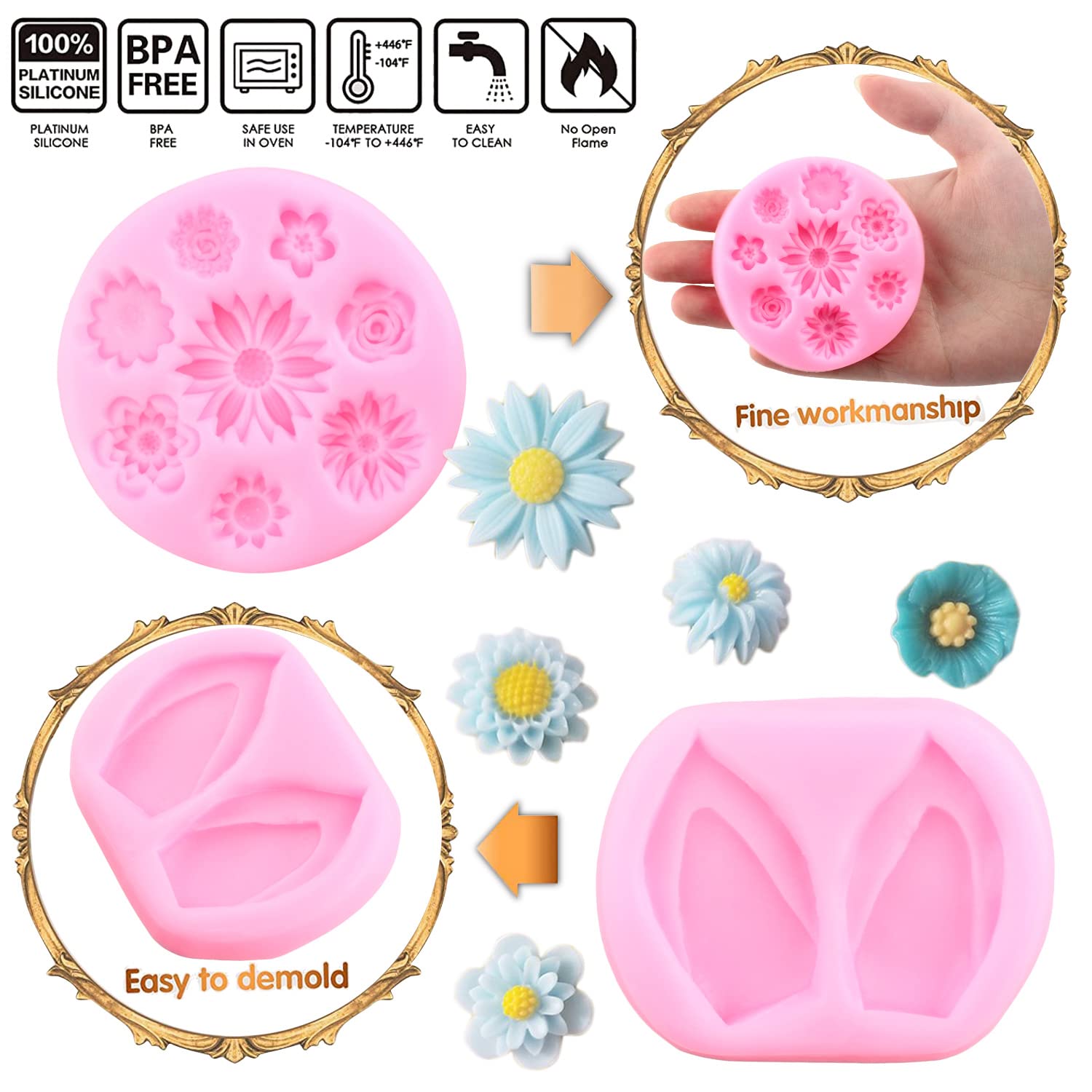 Mujiang Unicorn Silicone Mold Unicorn Horn Ears Eyelash Rose Daisy Flower Fondant Molds For Cake Decorating Cupcake Topper Choco