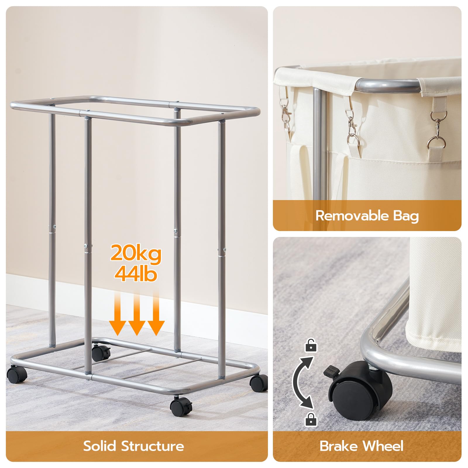 Hoobro Laundry Basket With Wheels, 45 Gallons (170L) Rolling Laundry Hamper, Narrow Slim Laundry Sorter With Removable Oxford Fa