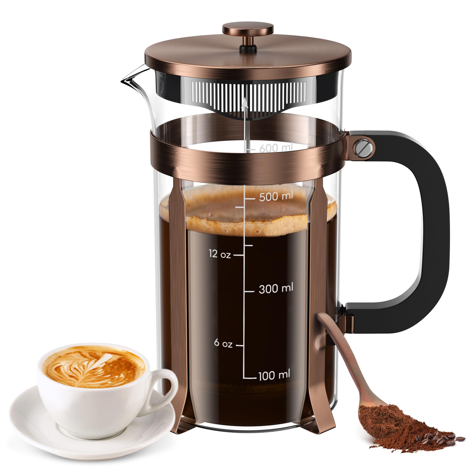 French Press Coffee Maker, 21 Ounce, Stainless Steel, Cold Brew Heat Resistant Borosilicate Glass Espresso Coffee & Tea Maker Wi