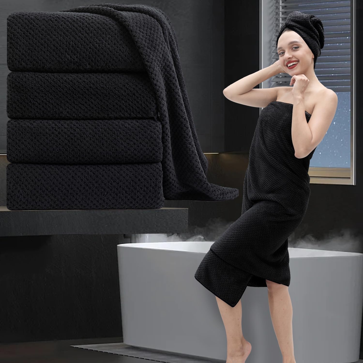 Bathroom Towel Set Black 4Pack-35x70 Towel 600GSM Ultra Soft Microfibers Bath Towel Set Extra Large Plush Bath Sheet Towel Highly Absorbent Quick Dry Oversized Towels Spa Hotel Luxury Shower Towels