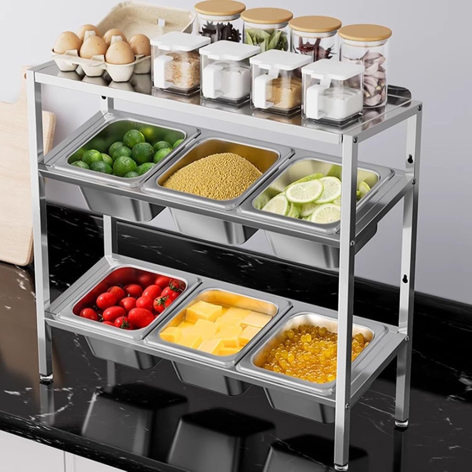 Matiko Stainless Steel Spice Organizer Stand, Pans Spice Rack Shelf, Countertop Seasoning Containers, Buffet Containers Set For 