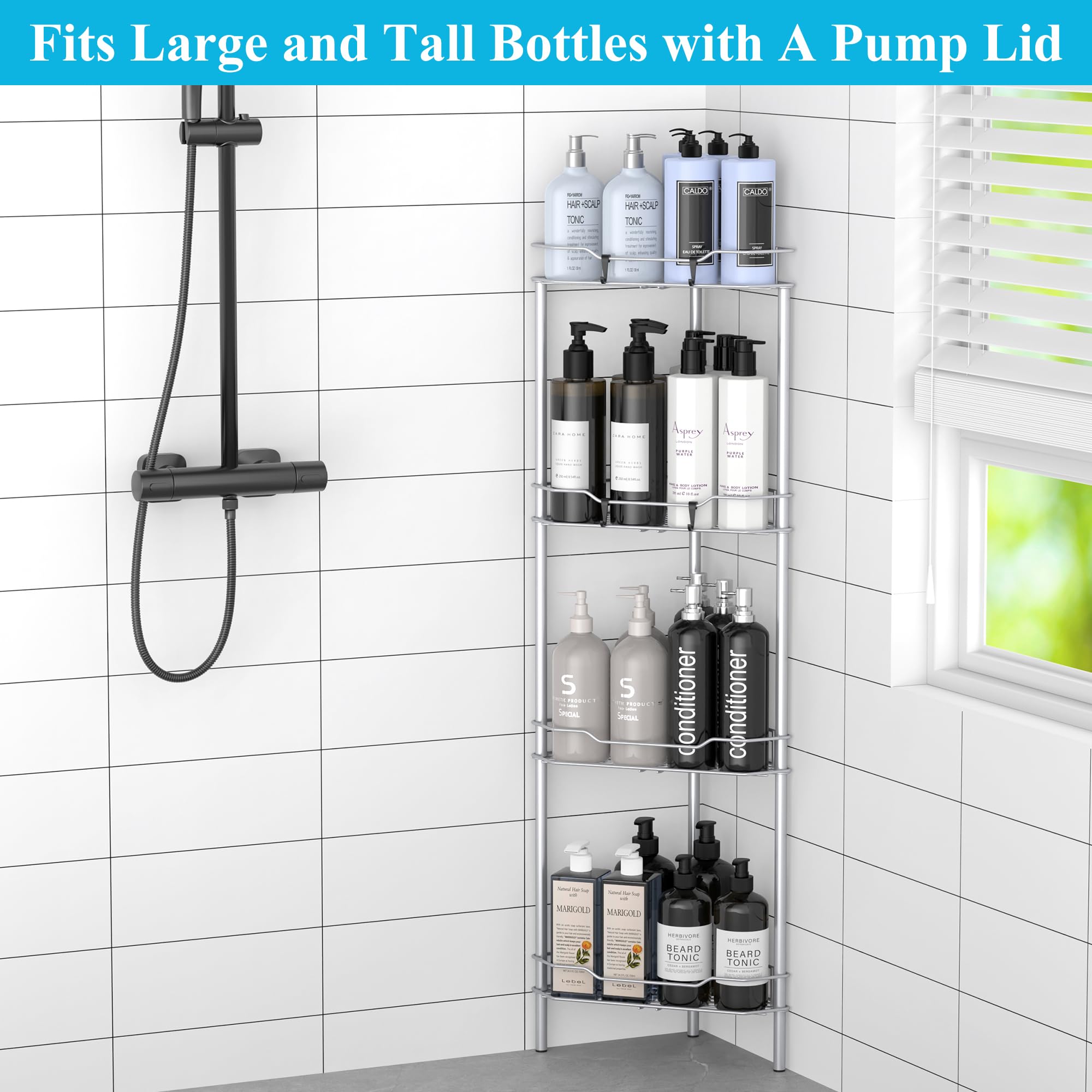 Huggiegems 4 Tier Floor Standing Corner Shower Caddy Organizer Shelf With Hooks, Bathroom Shelves Stand Rack, Silver