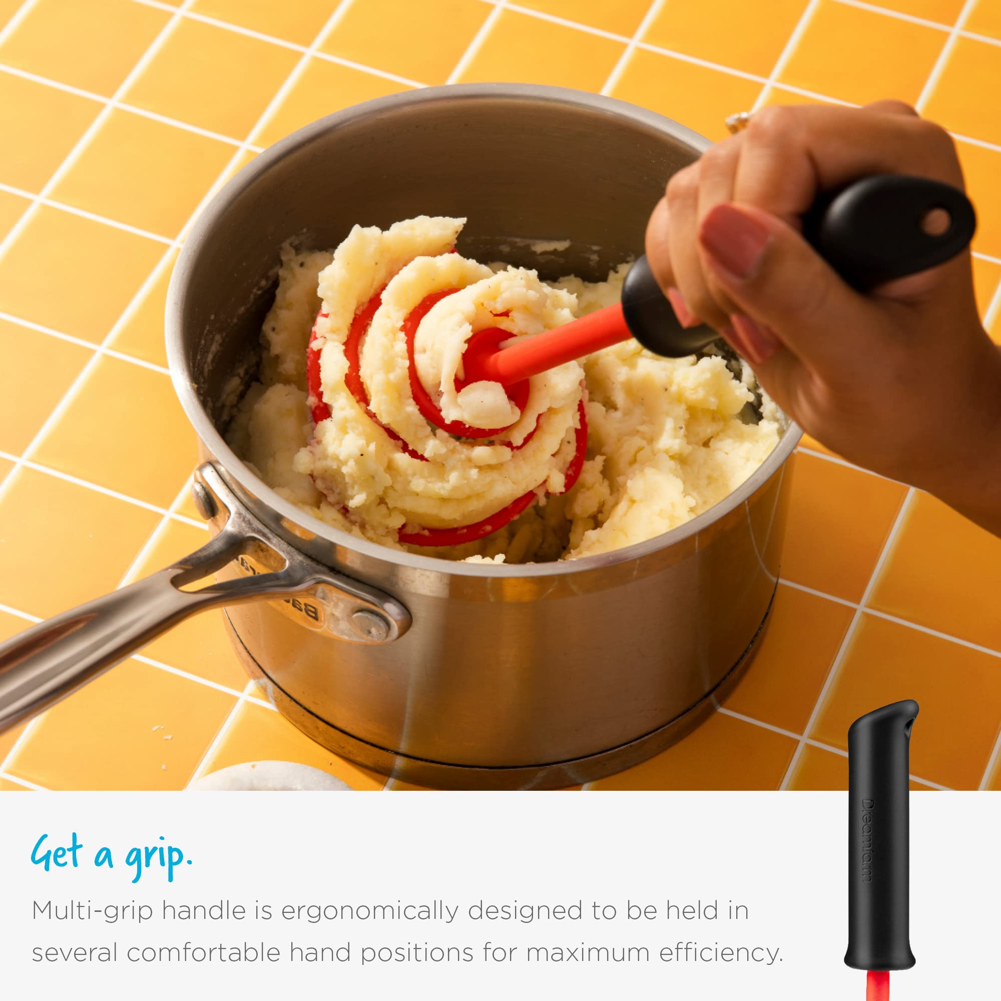 Dreamfarm Smood Lite | One-Handed Nylon Spring Coil Vegetable And Potato Masher With Soft Grip And Bowl Scraper | Red