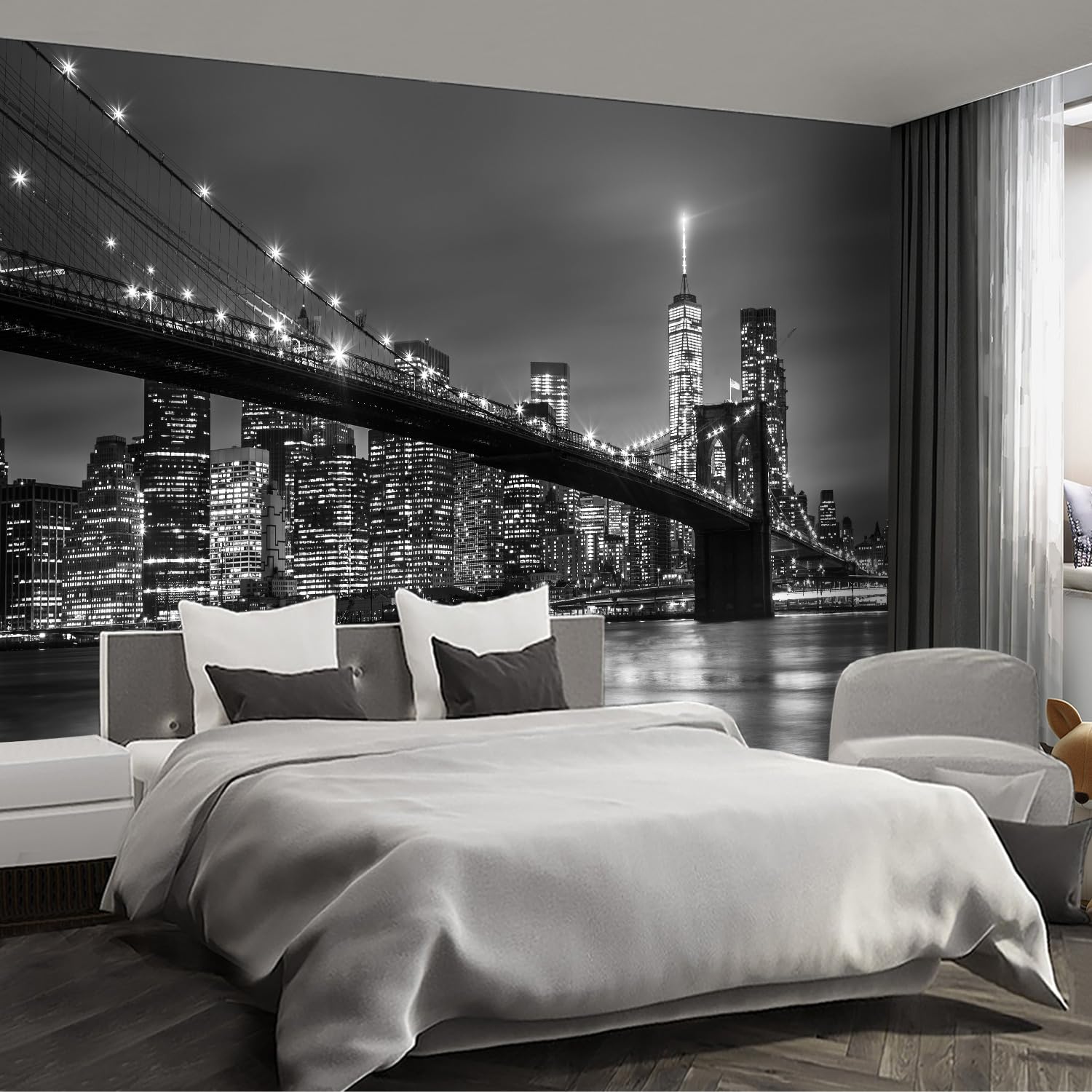 Fightal - Gray Brooklyn Bridge at Night NYC Large wall murals new york Peel and Stick self Adhesive Wallpaper for Bedroom Living