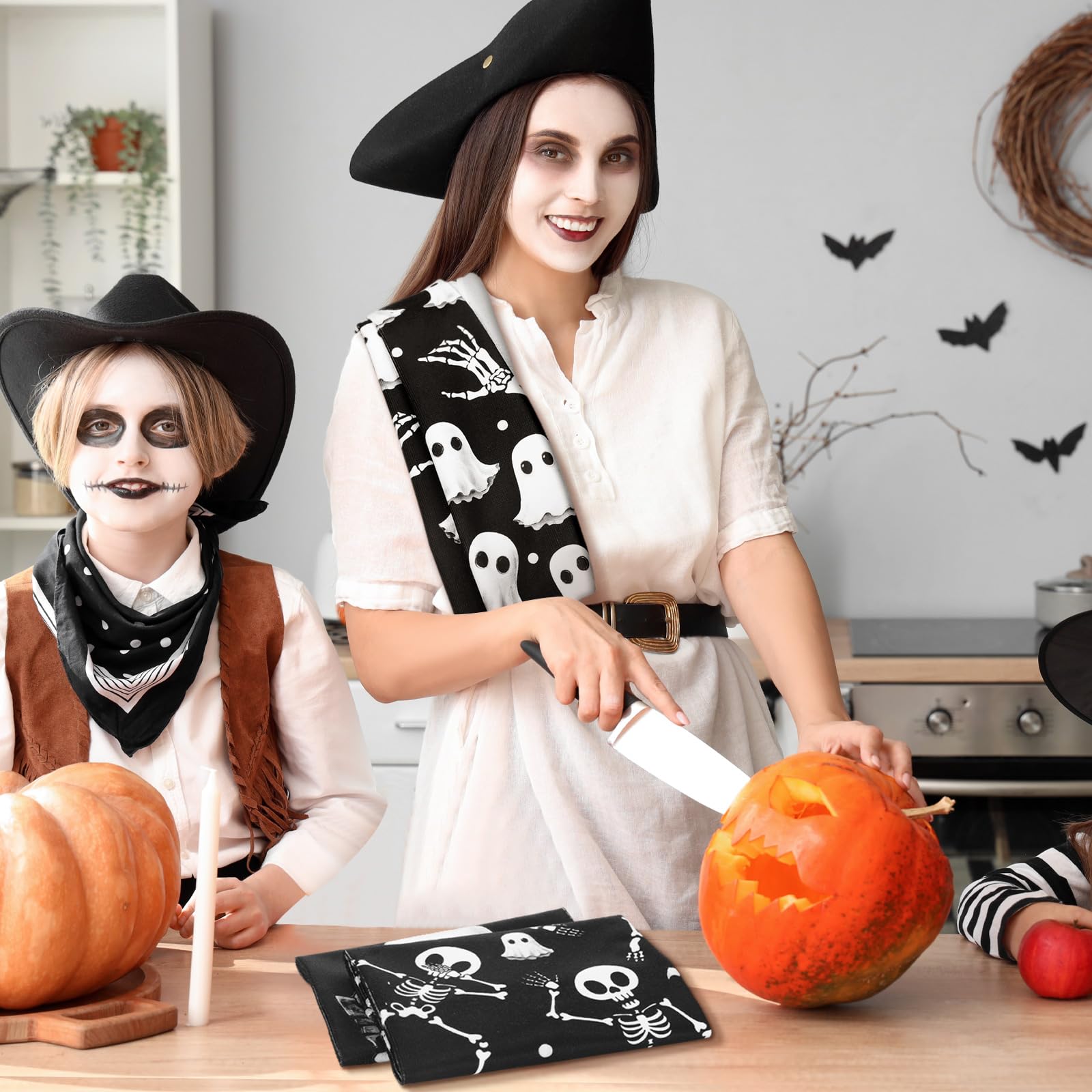 Bencailor 6 Pcs Spooky Christmas Kitchen Towels Skull Ghost Boo Gothic Christmas Dish Hand Towels Skeleton Tea Washcloth for Hor