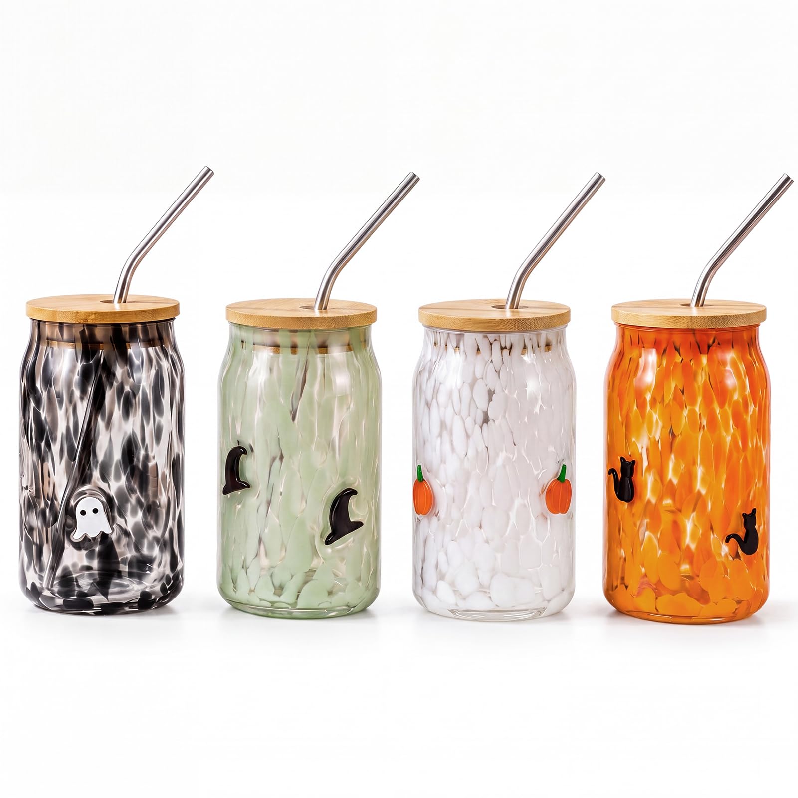 Vesici 4 PCS Halloween Icon Glass Cups, Ghost Pumpkin Cat Witch Hat 16oz