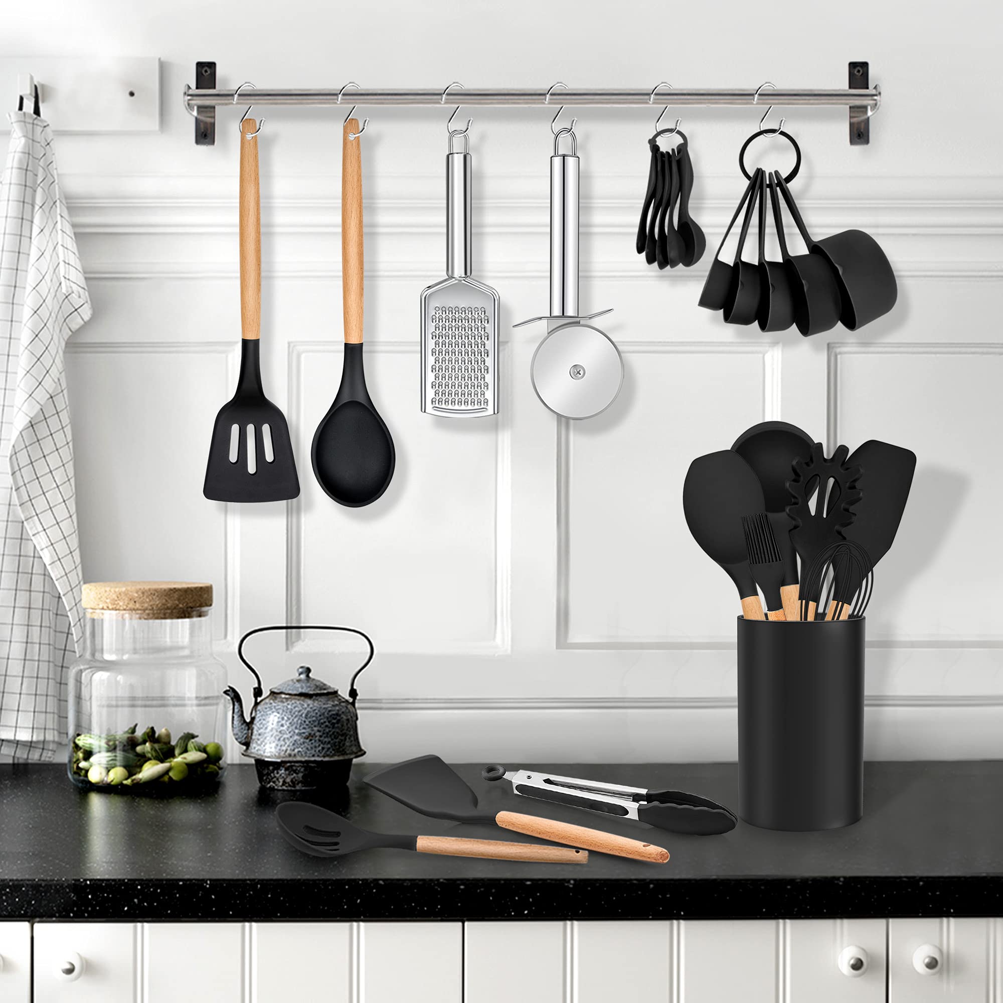 Lianyu 30 Pcs Silicone Kitchen Cooking Utensils Set With Holder, Heat Resistant Kitchen Essentials Utensils Set Wooden Handle, C