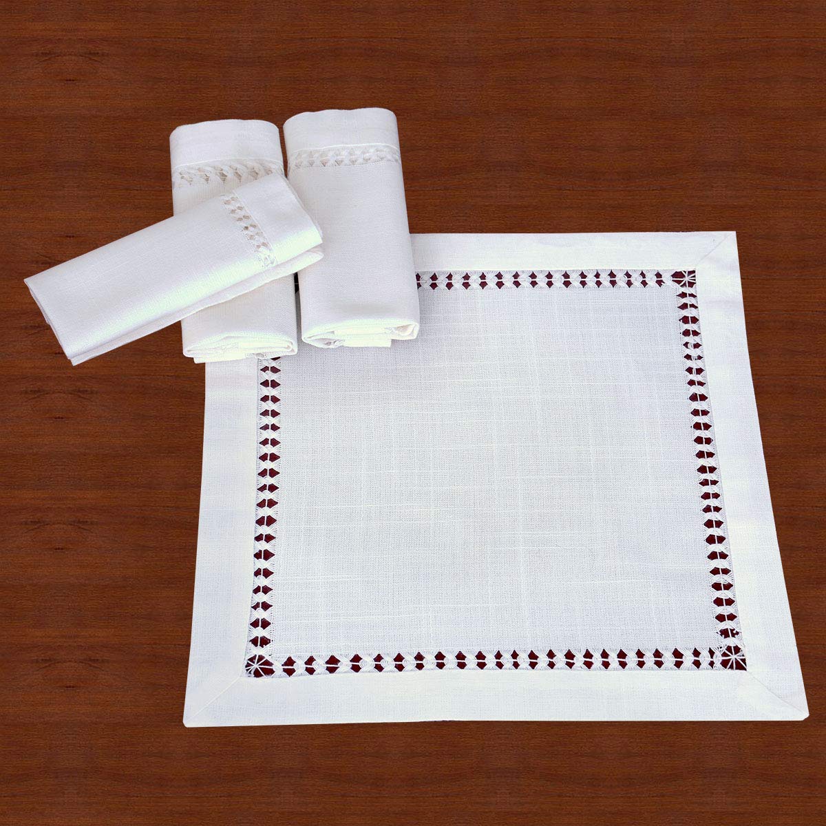 Grelucgo Hemstitched White Lace Napkins, Set Of 4, Size 11.5X11.5 Inch, Natural Color