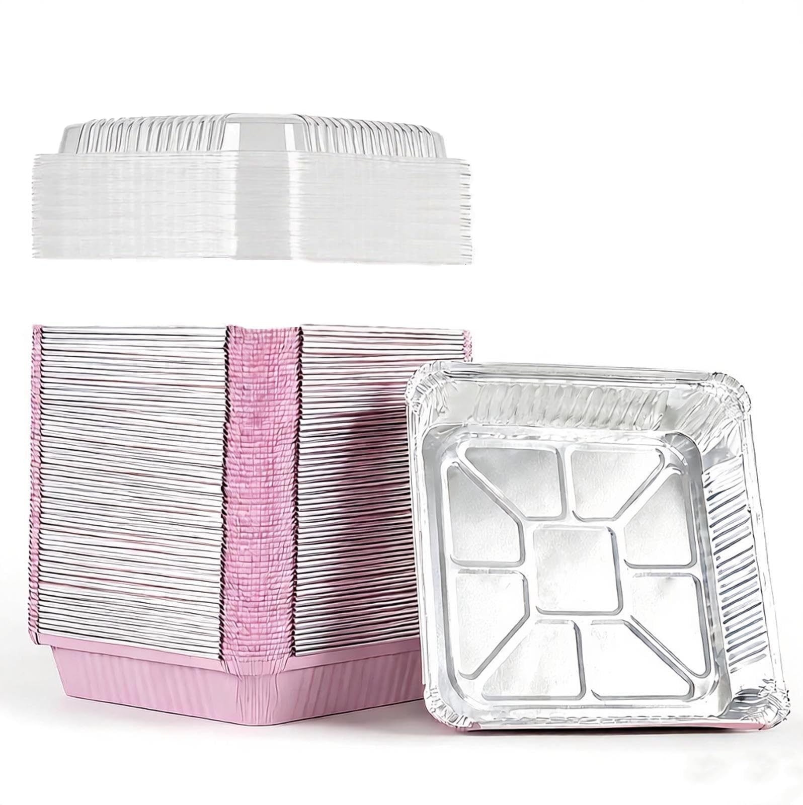 Keesnovex (40 Pack) 8x8 Square Aluminum Baking Cake Pans with Clear Lids  Pink Foil Pans with Lids  Disposable Food Containers