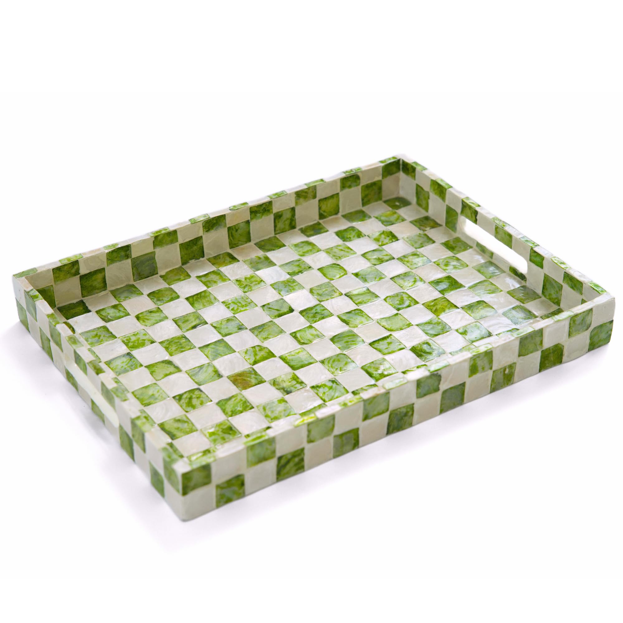 CHI AN HOME 15.8 x 11.8 Decorative Rectangular Tray with Natural Capiz Shells, Checkered Tray with Handles, Serving Tray for Ott