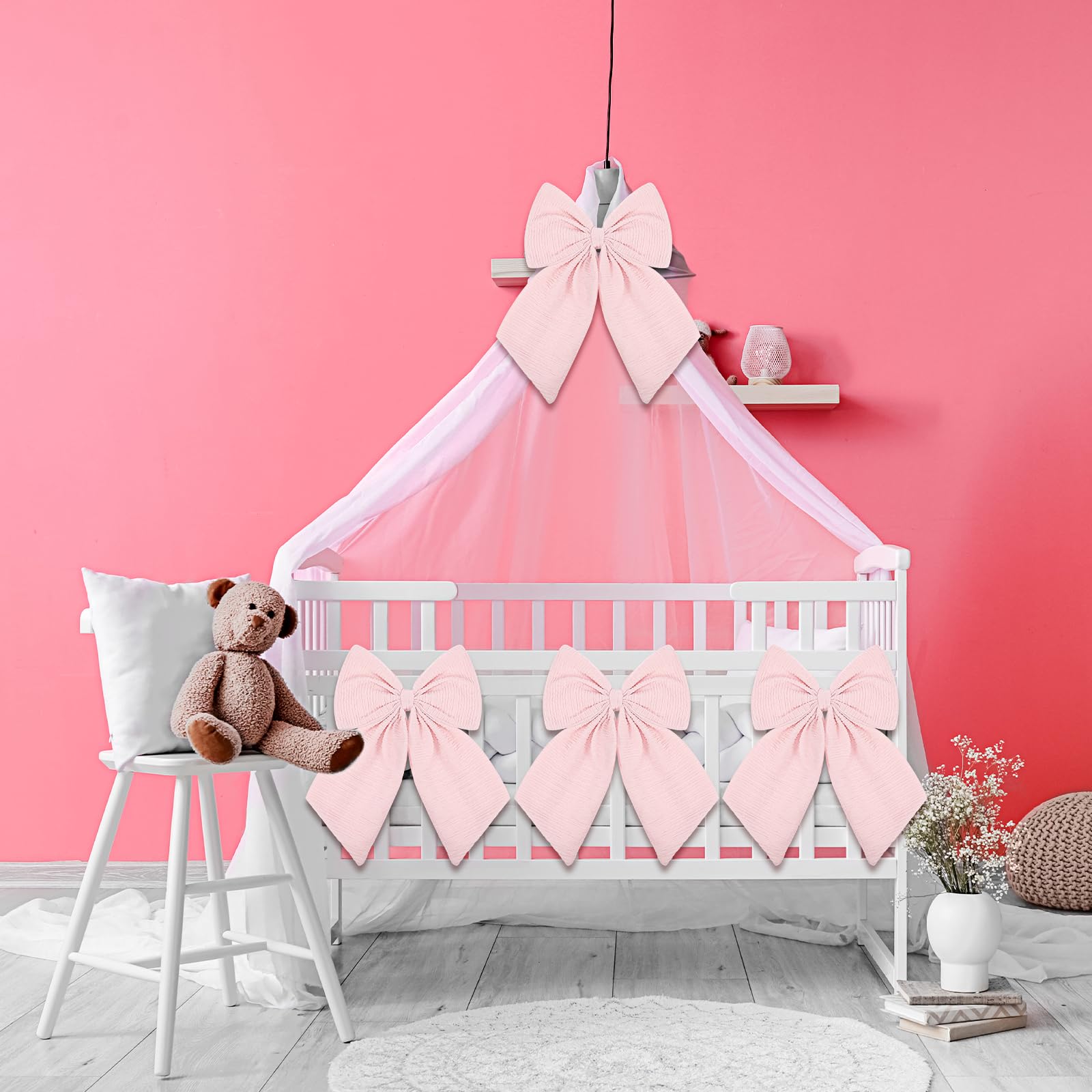 Riceshoot 2 Pcs Large Crib Bows 11 x 16 inch Coquette Bow Decorations for Nursery Crib Canopy Bed Large Bow Room Nursery Decor I