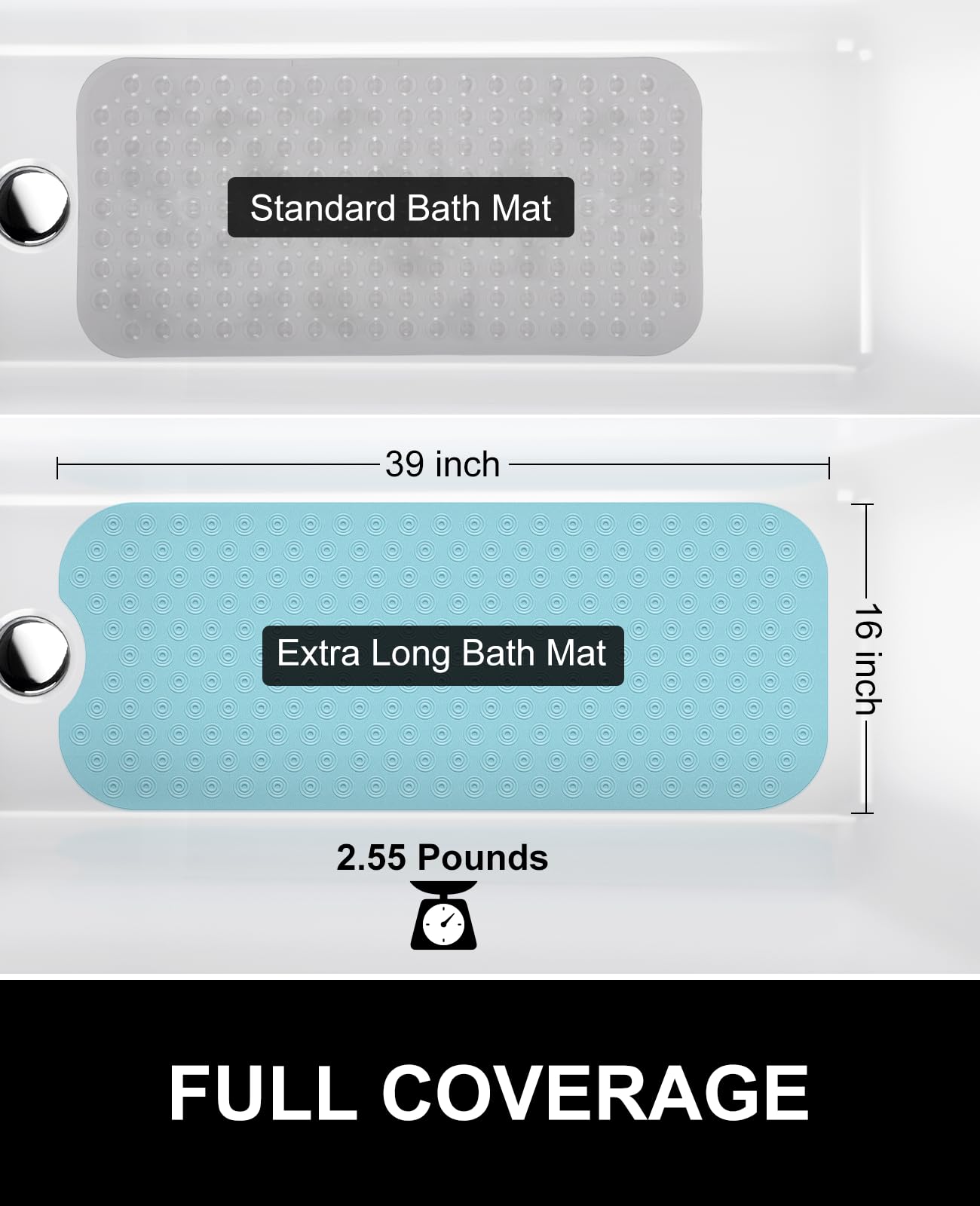 OTHWAY No Suction Cup Bath Mat: 39x16inch Extra Long Bathmat?Perfect for Refinished or Ordinary Bath Tubs?Made of Nature Rubber?a Blessing for The Elderly and Children (Lake Blue)