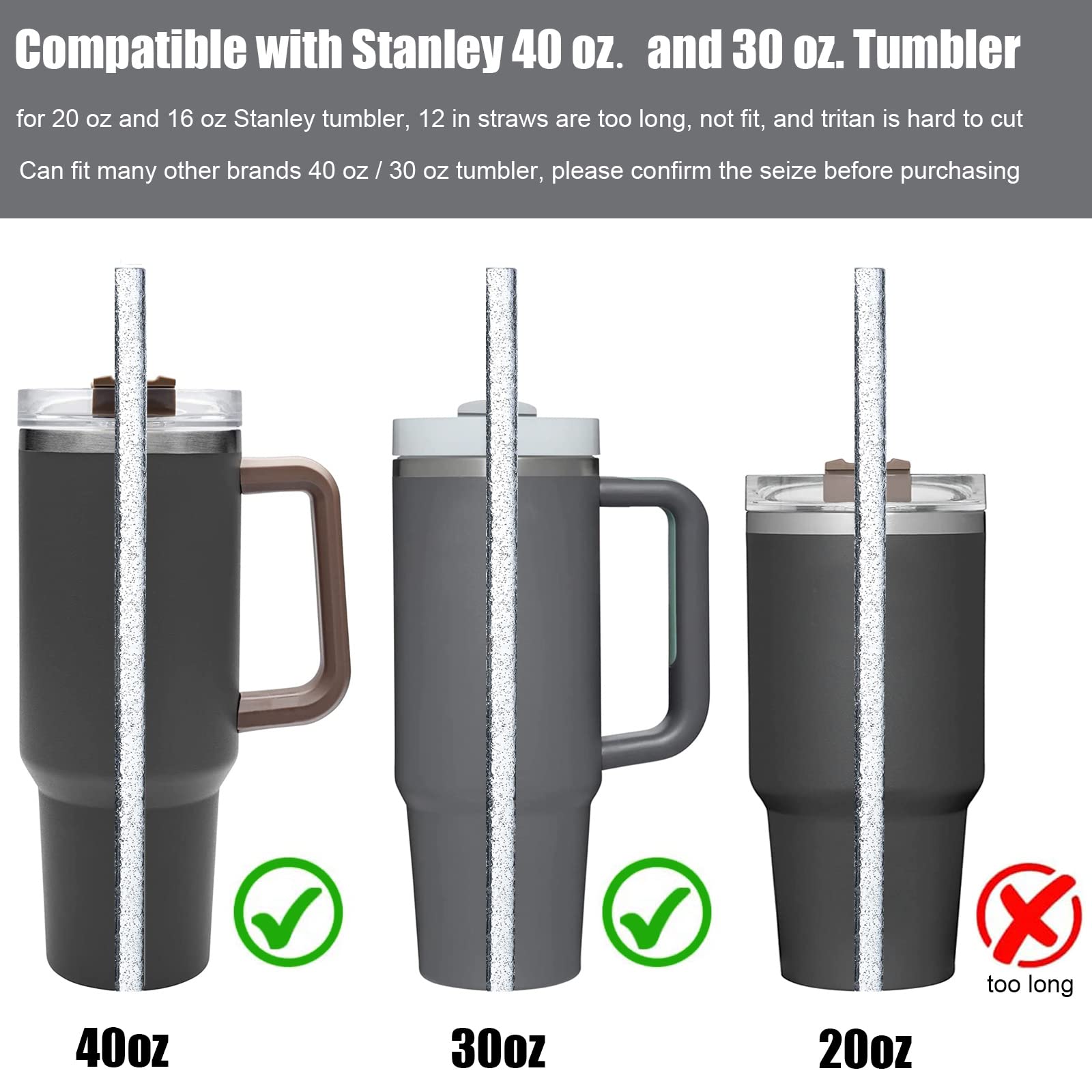 ALINK 10 Pack Replacement Straws for Stanley 40 oz 30 oz Tumbler  12 in Long Reusable Plastic Clear Glitter Straws for Stanley Cup Accessories  Half Gallon Jug  Plus 2 Cleaning Brush