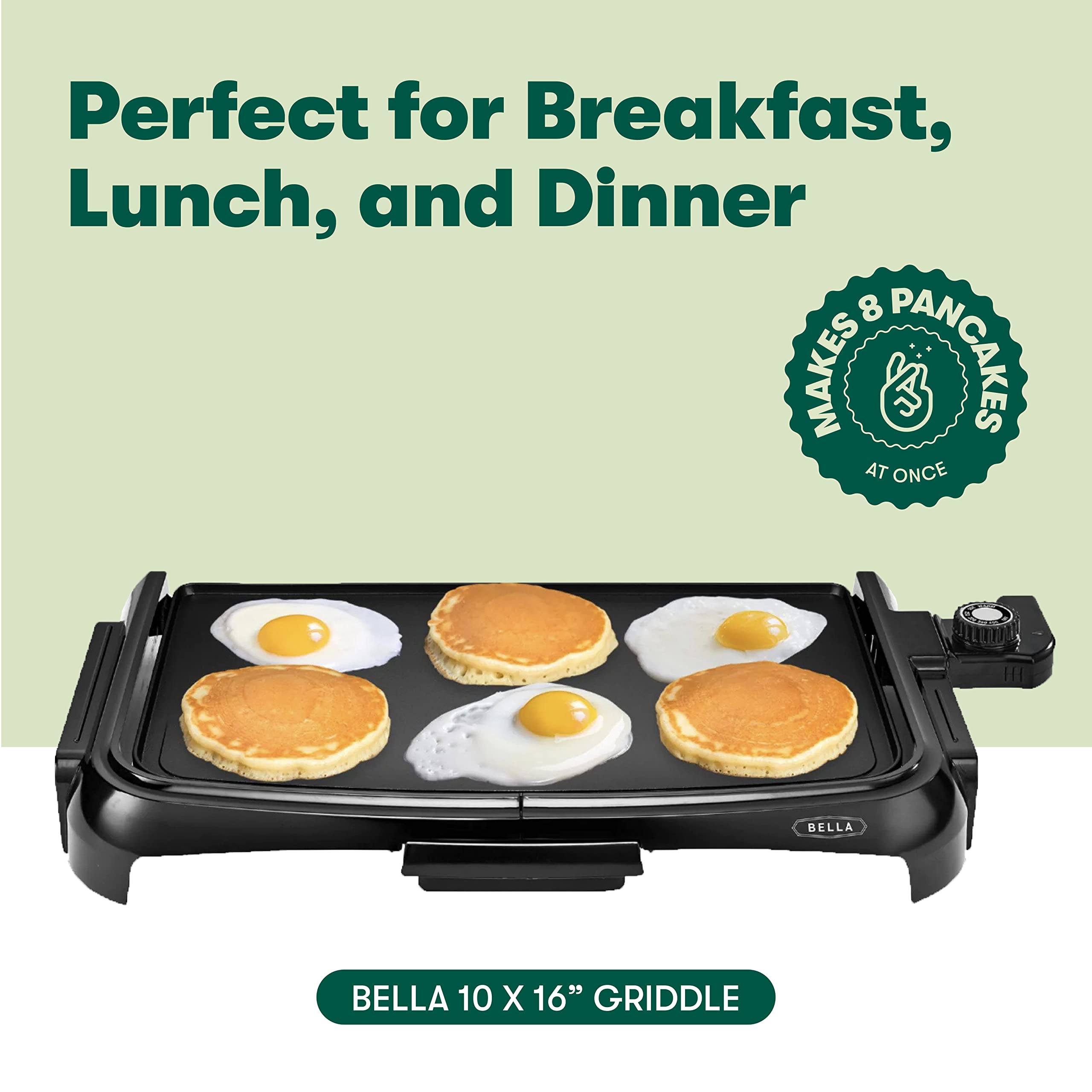 Bella Electric Griddle With Crumb Tray - Smokeless Indoor Grill, Nonstick Surface, Adjustable Temperature Control Dial & Cool-To