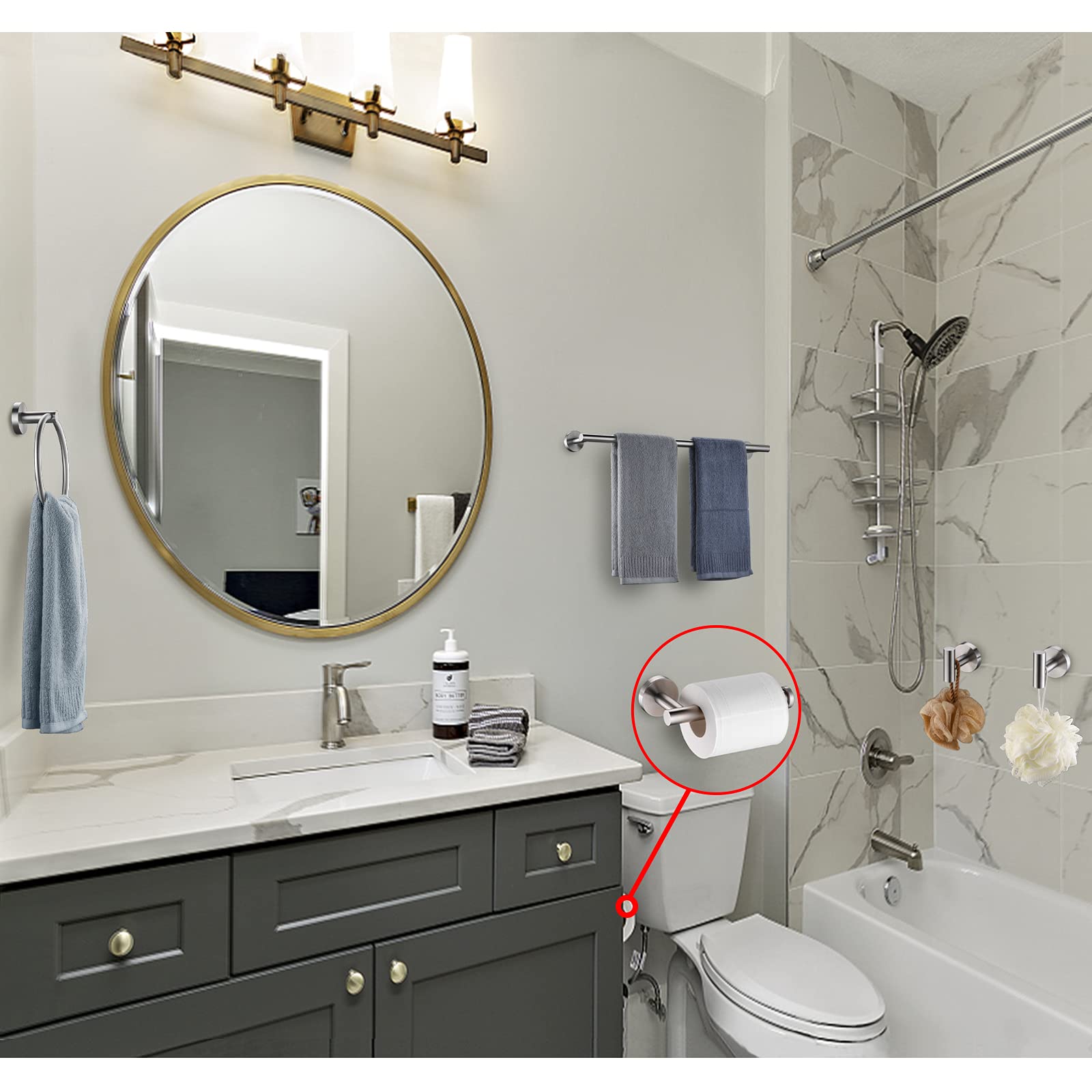 5 Pieces Brushed Nickel Bathroom Hardware Set Include 16Inch Towel Bar,2Pcstowel Hooks,Toilet Paper Holder,Hand Towel Ring Round