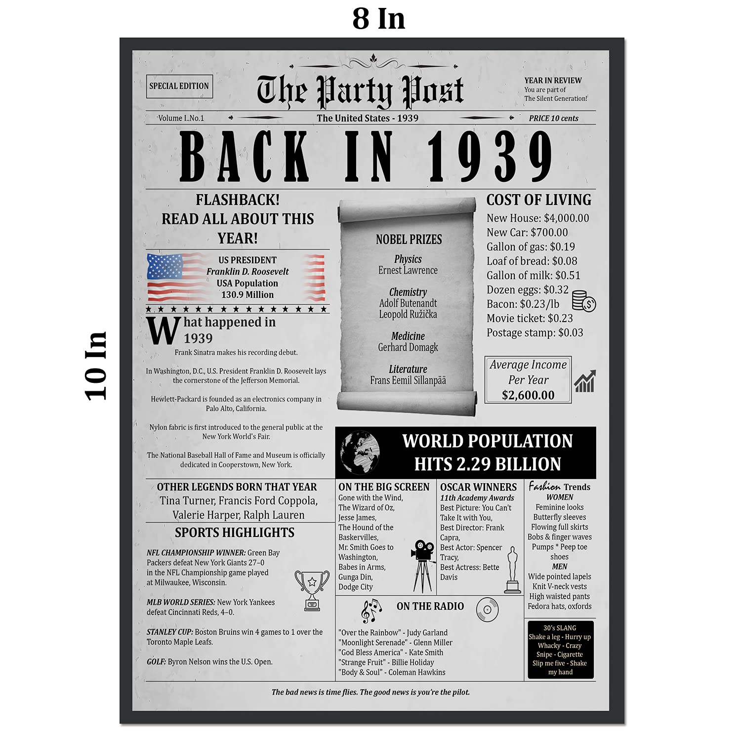 86Th Birthday Poster 8 X 10 Party Sign - Born 86 Years Ago Table Party Supplies. Back In 1939 Home Decor Bday Card. Wedding Anni