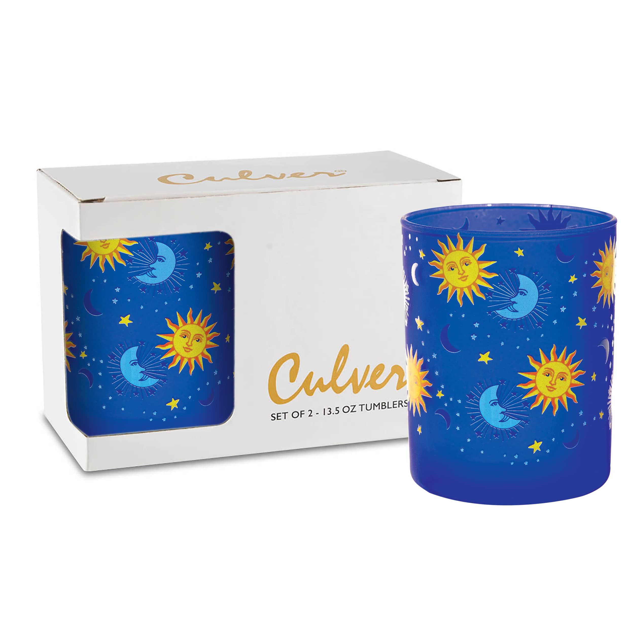 Culver Celestial Frosted Double Old Fashioned Tumbler Glasses, 13.5-Ounce, Gift Boxed Set of 2 (Celestial Sun Moon Stars Blue Fr