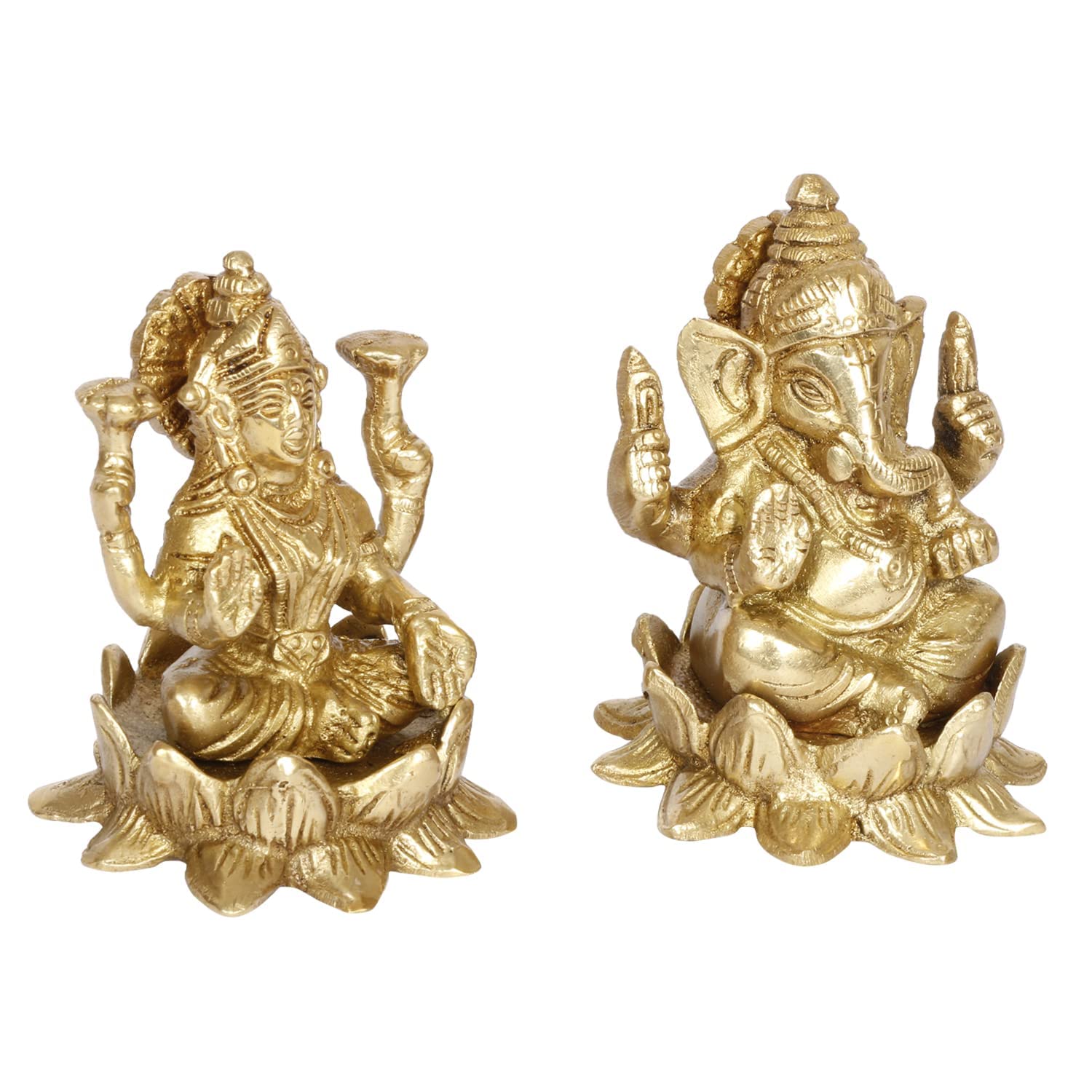 Kartique 3-Inch Brass Lakshmi Ganesh Idol Set With Golden Finish, Ideal For Home Decor And Pooja Room