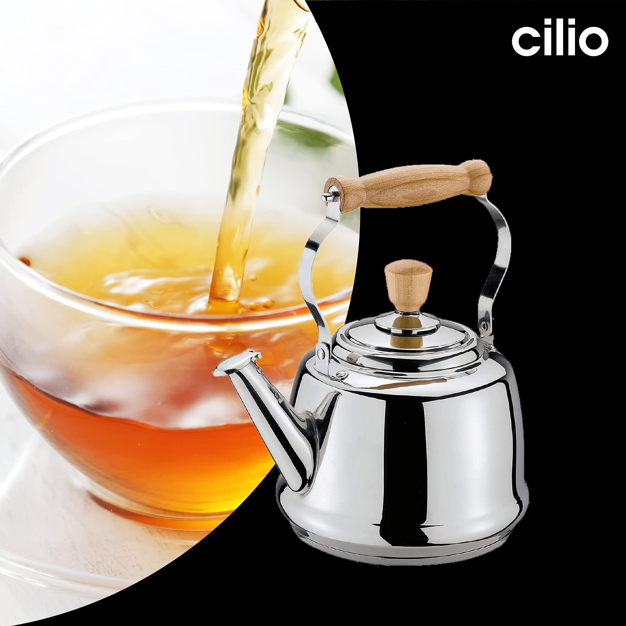 Cilio Tradition Stainless Steel Whistling Water Kettle, Stovetop Kettle With Wooden Handles, 2.6 Quarts, Silver