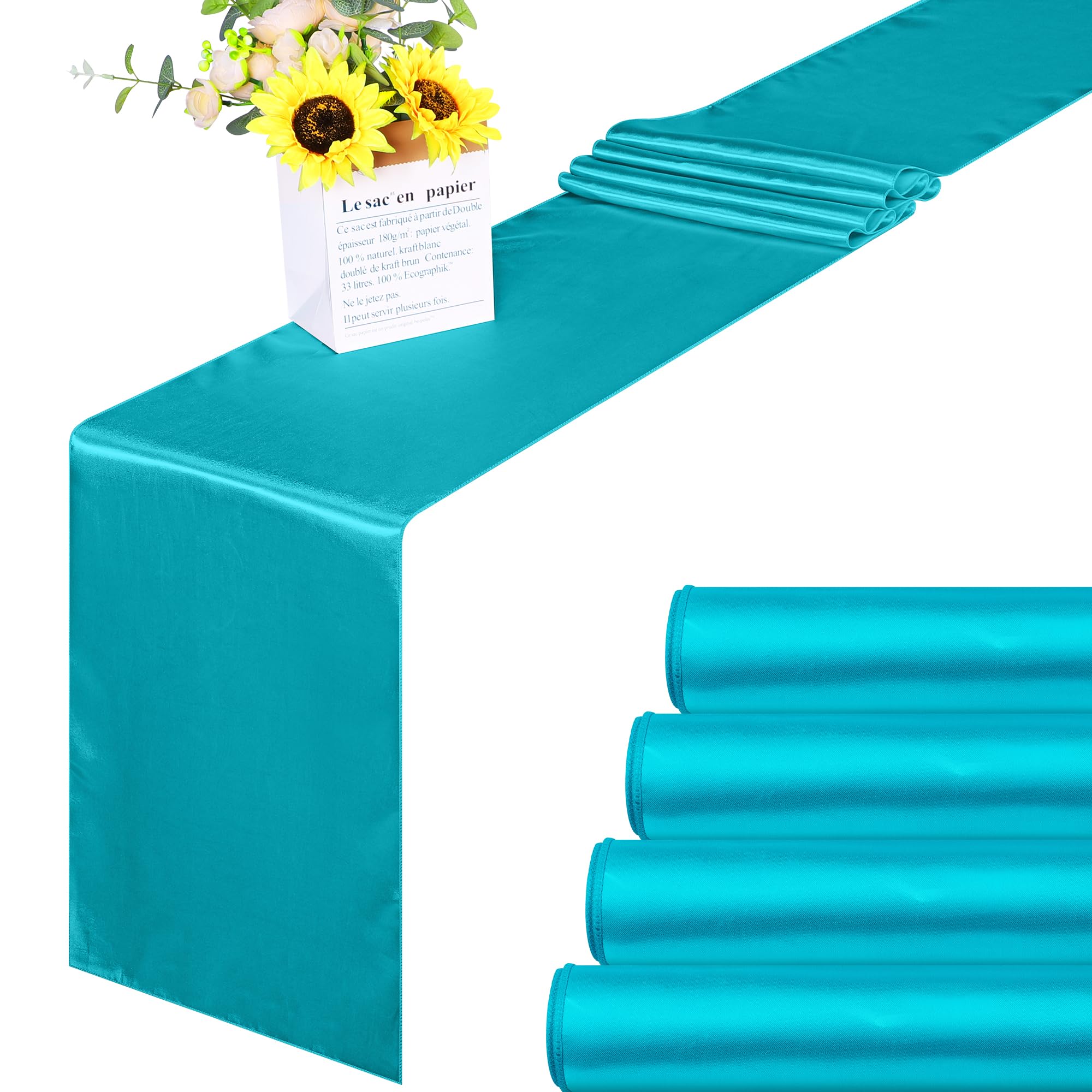 Aneco 4 Pack Satin Table Runner 12 X 108 Inch Teal Long Bright Silk And Smooth Fabric Party Table Runner For Wedding Banquet Par