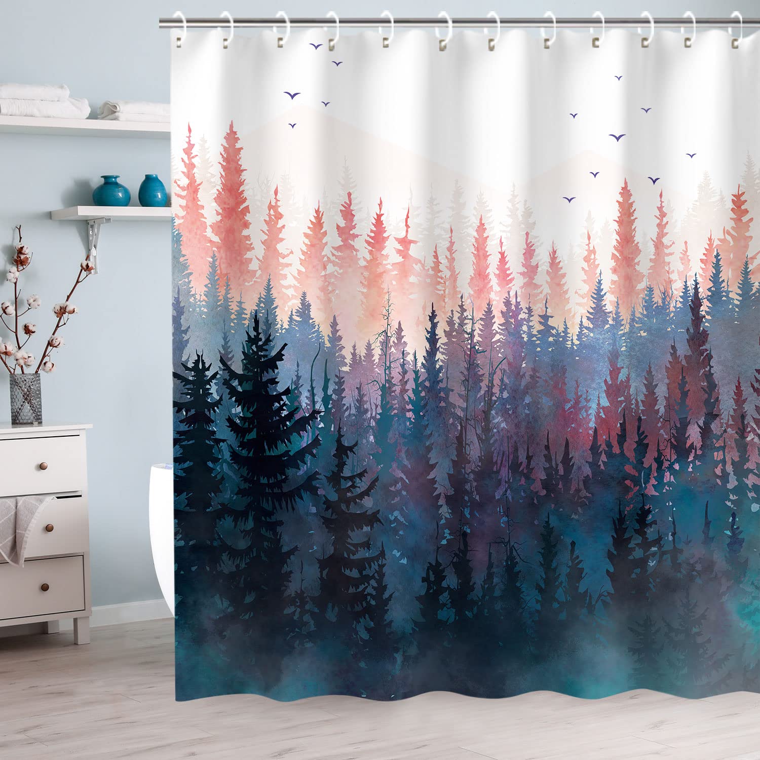 Rosielily Forest Shower Curtain, Pine Trees Shower Curtain, Mountain Nature Pink Shower Curtains Set, Rustic Foggy Art Bathroom