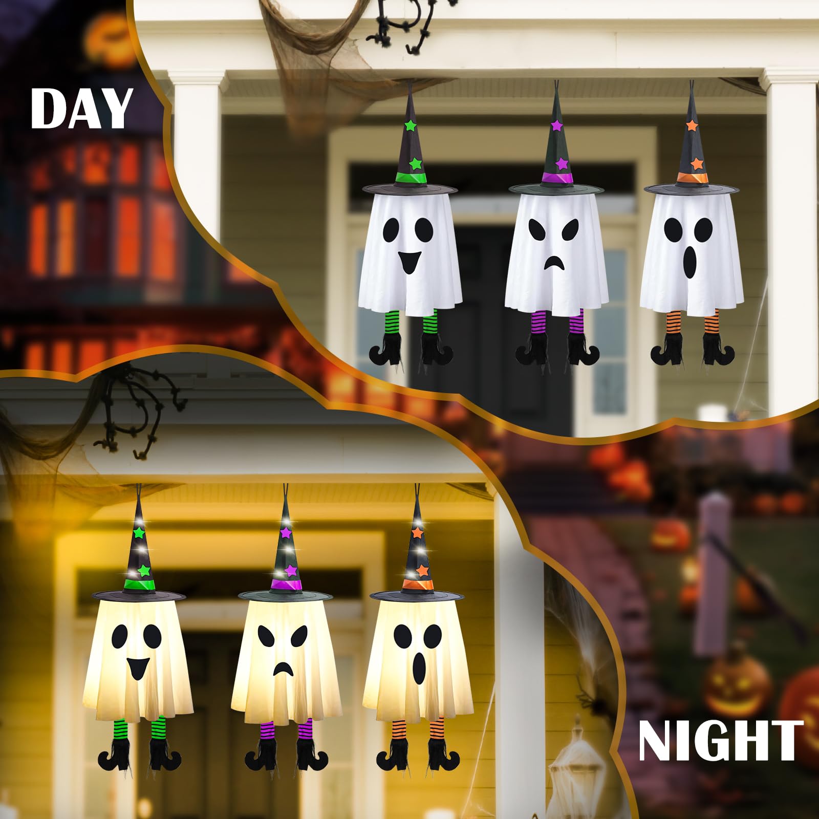 3 PCS Glowing Halloween Hanging Ghosts with Witch Hats,Halloween Outdoor Decor for Yard, Patio, Garden & Trees