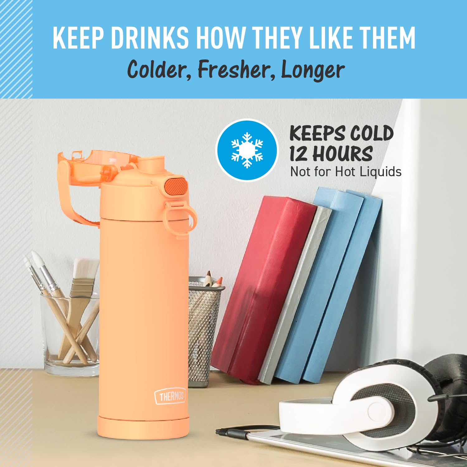 Thermos Funtainer 16 Ounce Stainless Steel Vacuum Insulated Bottle With Wide Spout Lid, Orange