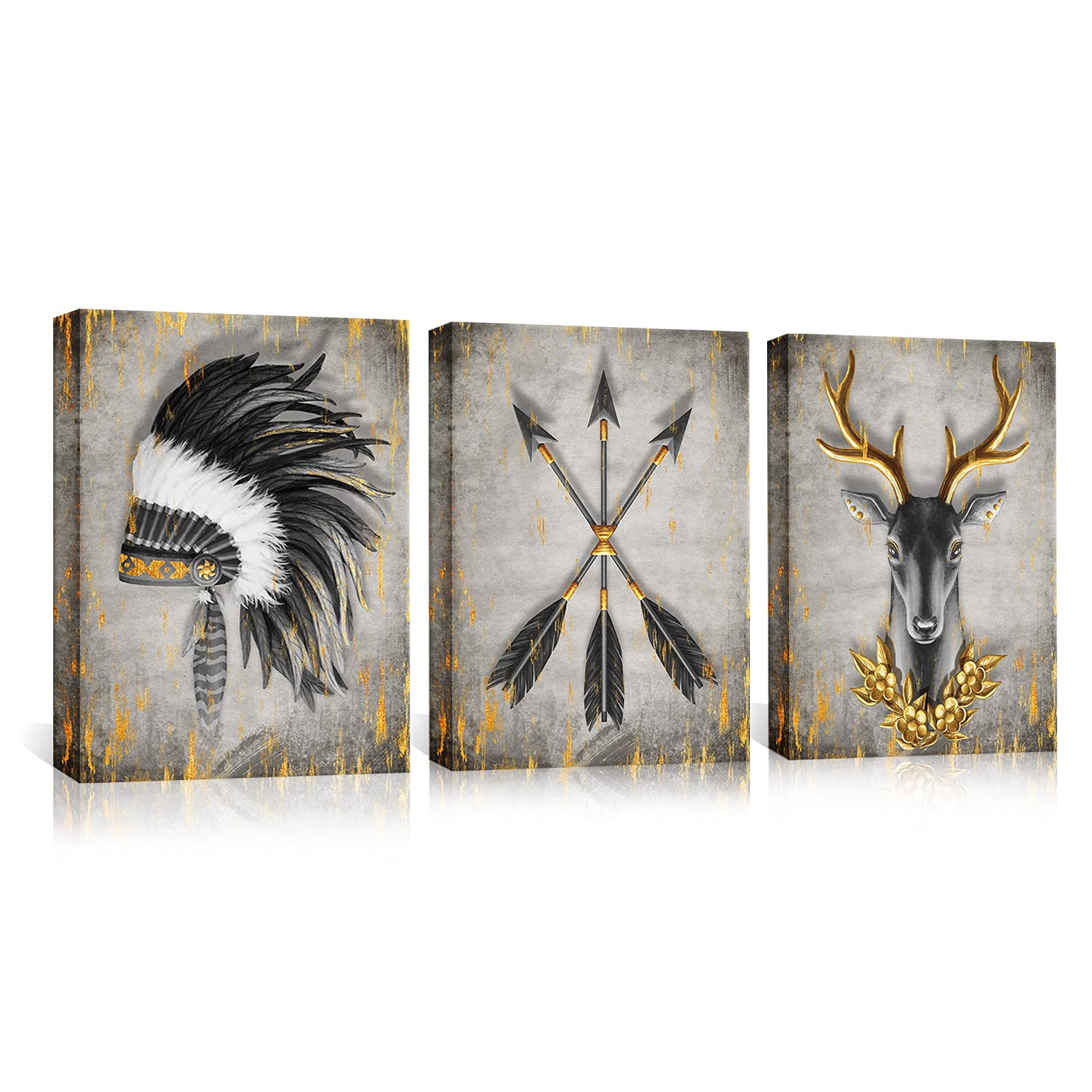 Kalormore Black White And Golden Indian Pictures Native American Chief Headdress Arrow Deer Canvas Wall Art Wildlife Safari Pain