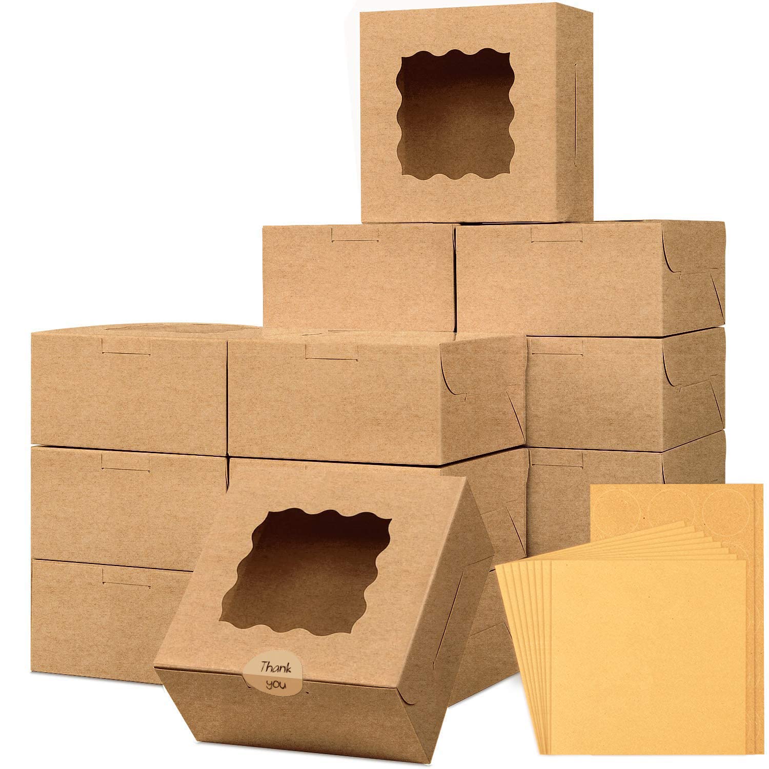Moretoes 24pcs Bakery Boxes, 6x6x3in Brown Cookie Boxes, Mini Cake Boxes with Window Included Parchment Paper and Stickers, Past