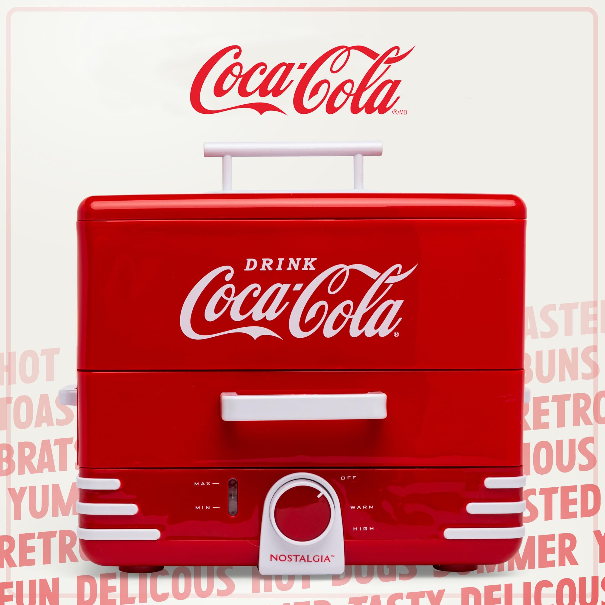 Nostalgia Coca-Cola Hot Dog Steamer & Bun Warmer, 24 Hot Dog & 12 Bun Capacity, Red Plastic, Model: Coca Cola