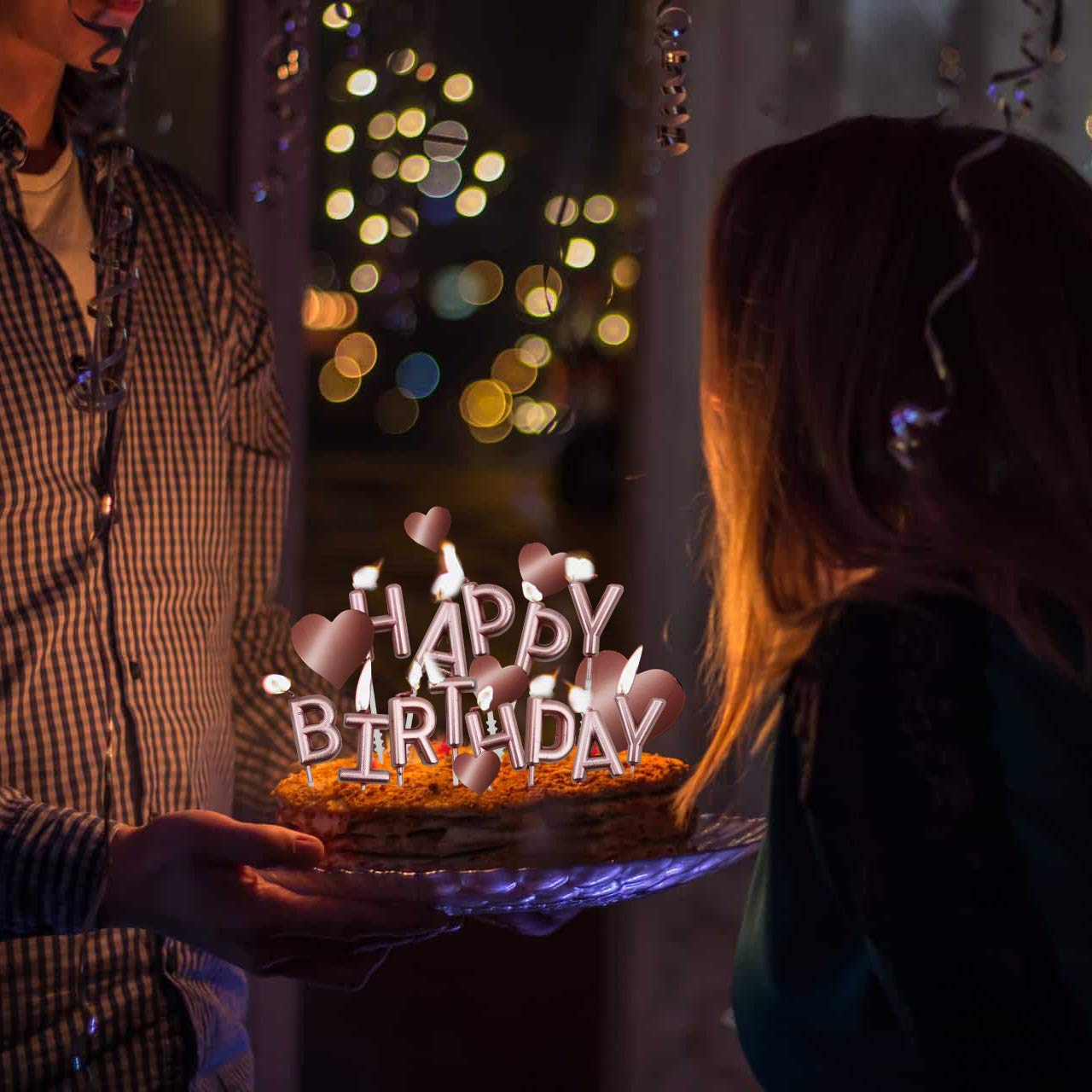 Movinpe Rose Gold Cake Topper Decoration With Happy Birthday Candles Happy Birthday Banner Confetti Balloon Paper Fans For Rose