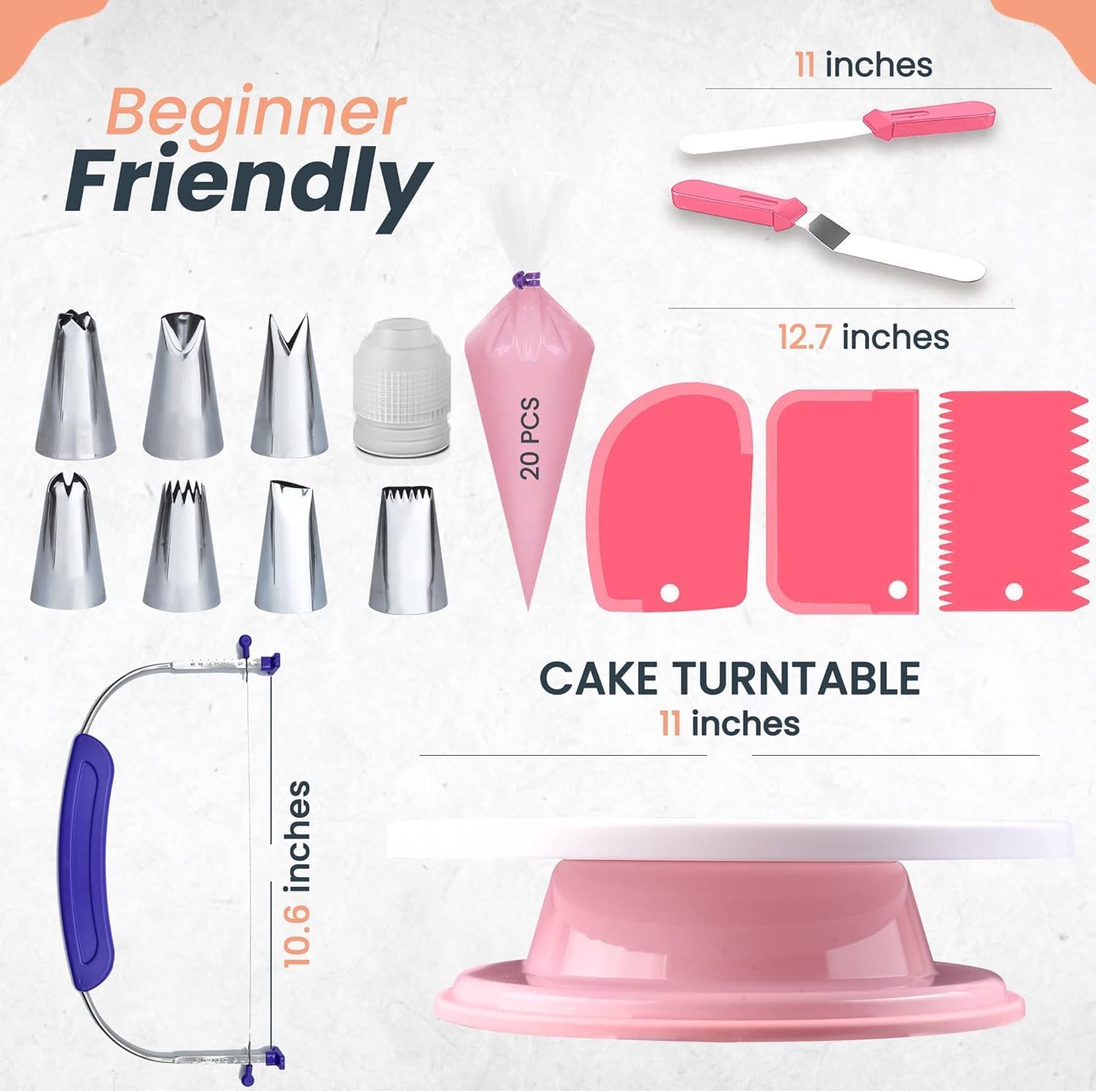 Rfaqk 35Pcs Cake Turntable And Leveler-Rotating Cake Stand With Non Slip Pad-7 Icing Tips And 20 Bags- Straight & Offset Spatula