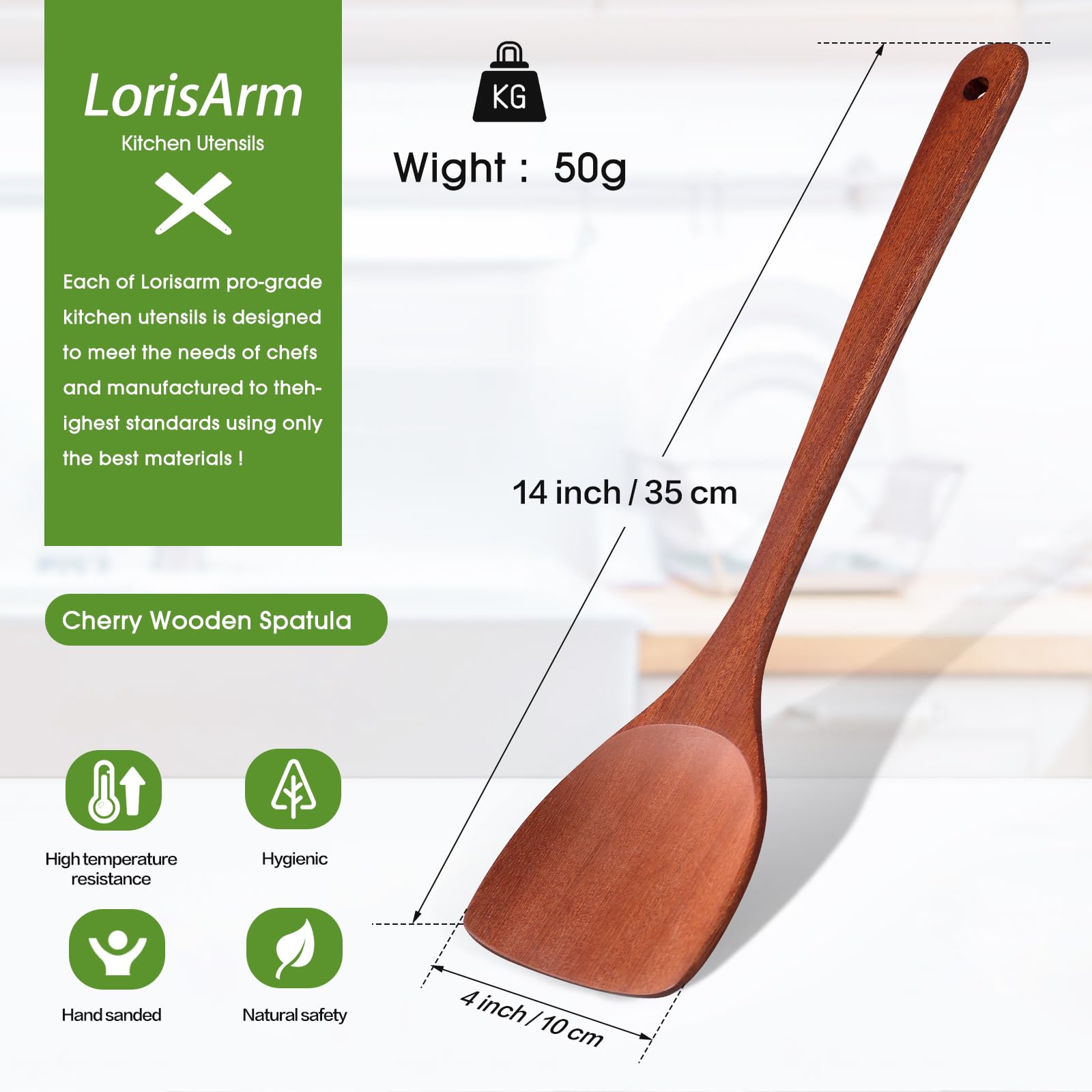 Lorisarm 14-Inch Cherry Wooden Spatula Turner Long Handle, Wood Kitchen Spatula Turner, Egg Scraper, Wood Cooking Utensil, Kitch
