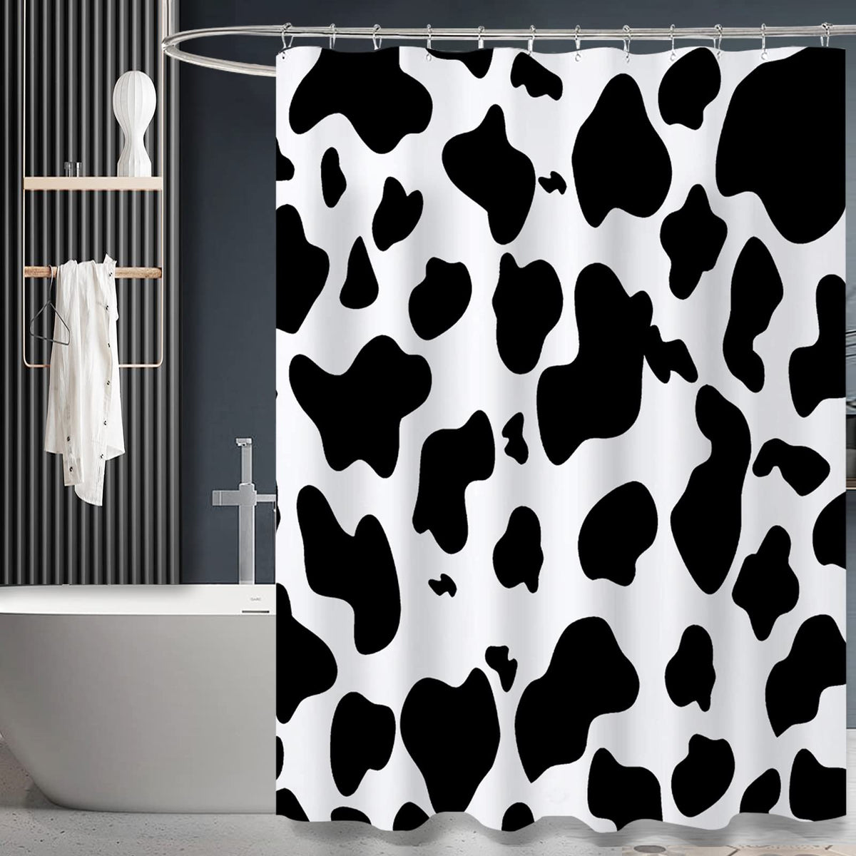 Zttxl Cow Print Shower Curtain (72'' X 72''), Black Cow Print Shower Curtain, Polyester Fabric Print Shower Curtain Set With Bat